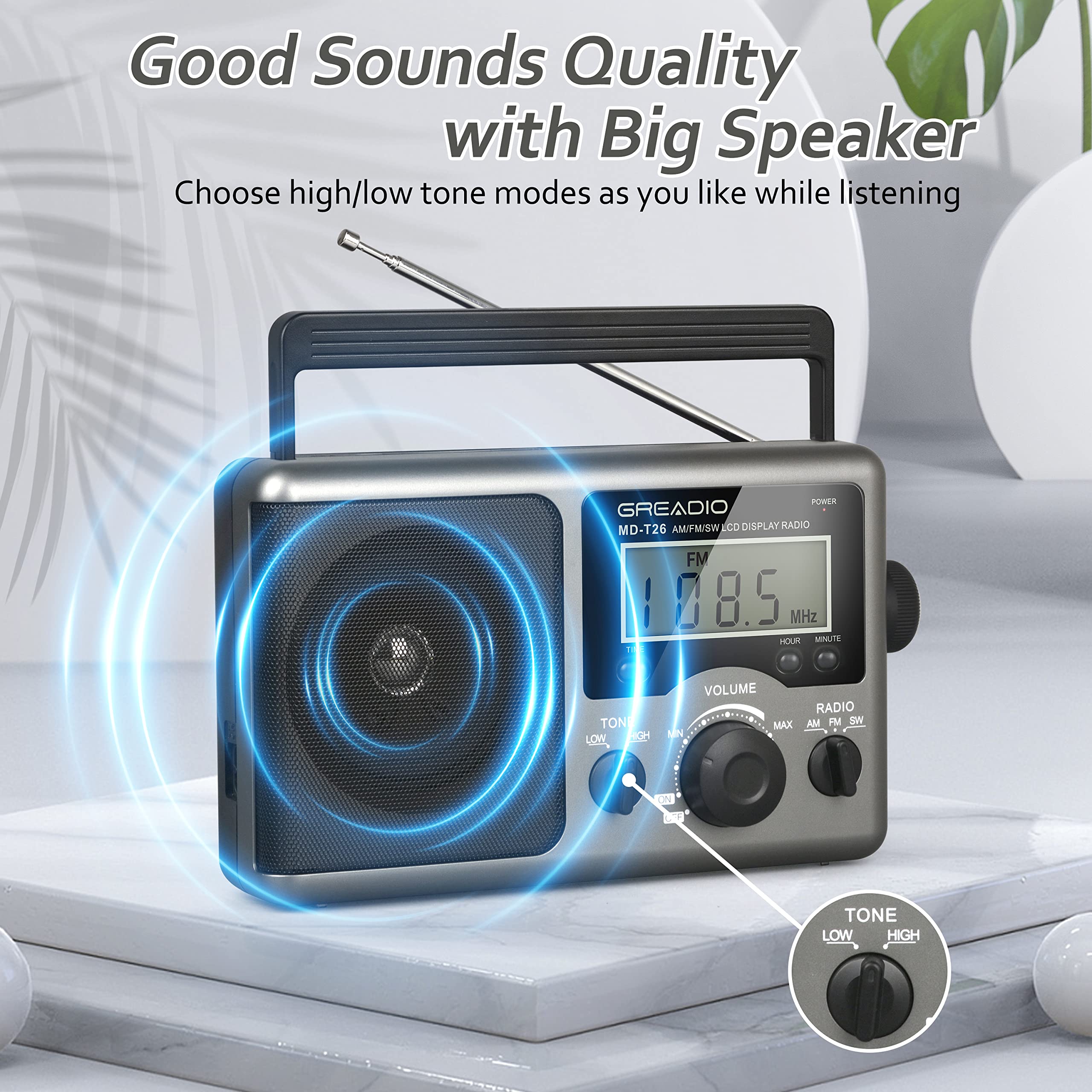 Greadio Portable Shortwave Radio With Best Reception,Am Fm Transistor,Lcd Display,Time Setting,Battery Operated By 4 D Cell Batt