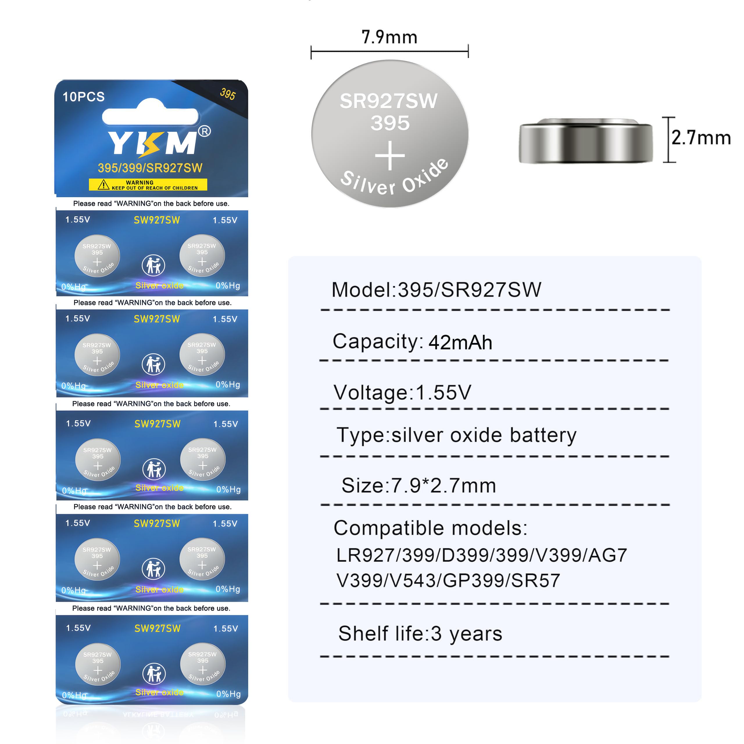 Ykm 40 Pack 395 399 Sr927Sw Lr927 Ag7 1.55V Silver Oxide Battery For Led Light Calculator Watch Battery Long Lasting Button Batt