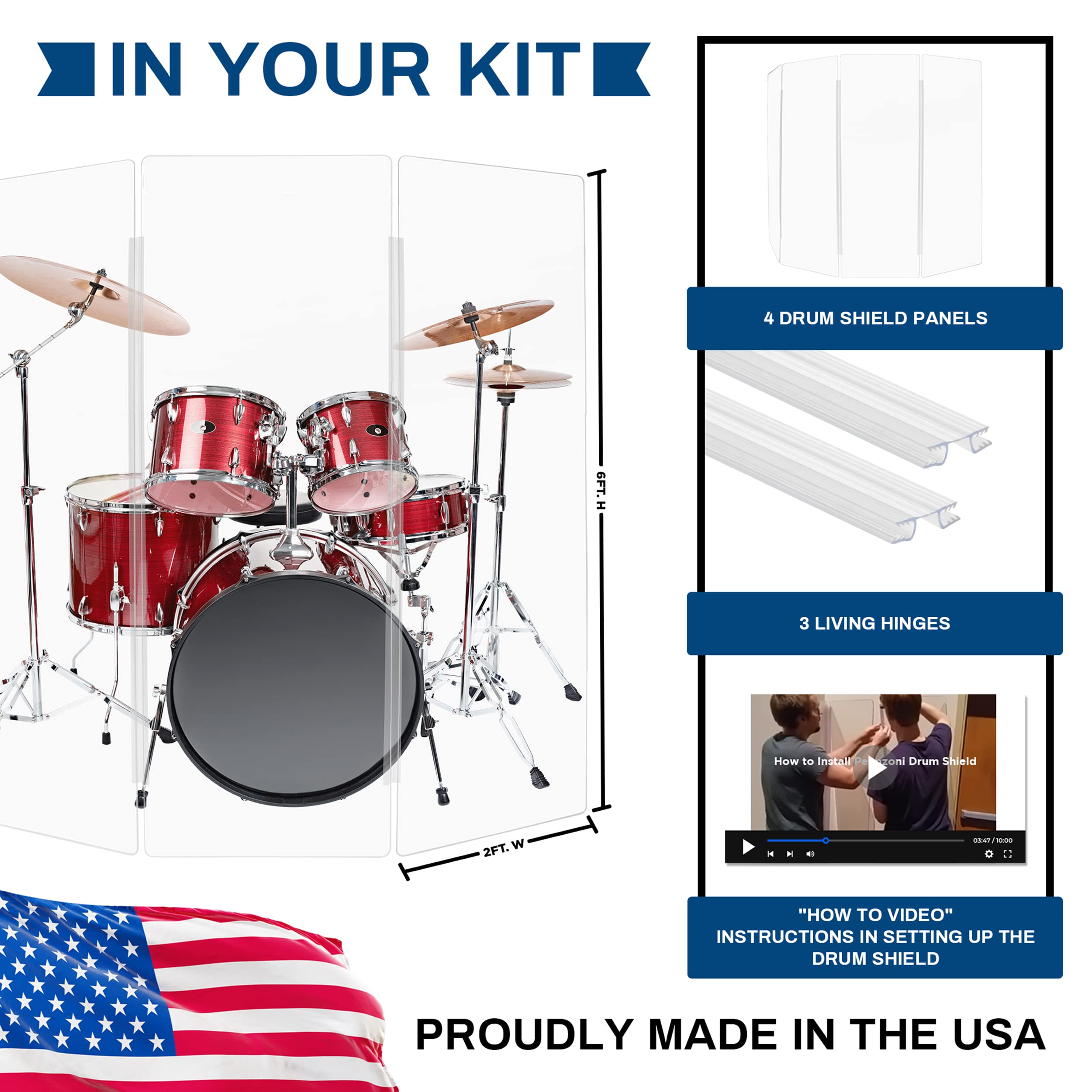 Pennzoni Drum Shield 6Ft W/Plastic Hinges, Comes W/ 4 Drum Panels, & Plastic Hinges, Premium Clear Acrylic Panels, Drum Screen