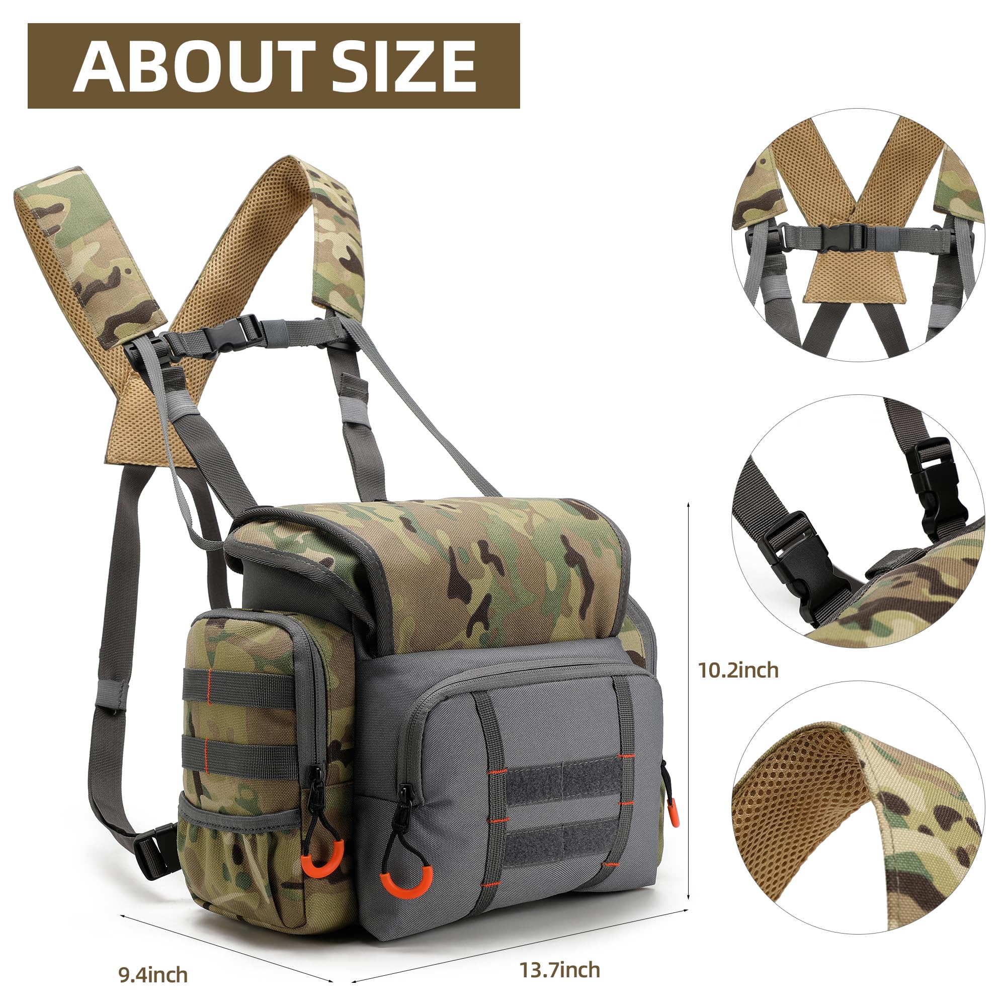 Turnway Binocular Harness Chest Pack Large Capacity, Adjustable Bino Case With Rangefinder Pocket, Rain Cover For Hunting (Camog