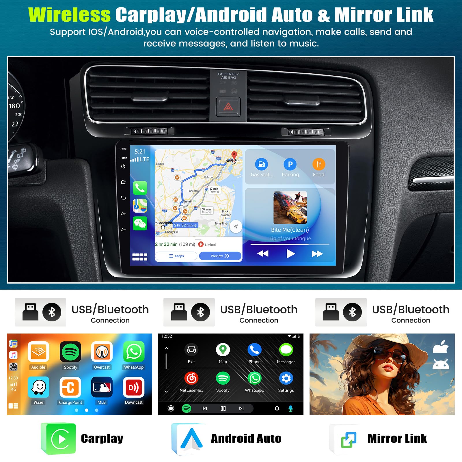 [4+64Gb] 8 Core Android 13 Double Din Car Stereo With Wireless Carplay&Android Auto,9 Inch Car Radio Support Mirror Link Wifi Gps Navigation Bluetooth Fm/Rds Radio Eq/Hifi/Dsp/Swc+Ahd Backup Camera