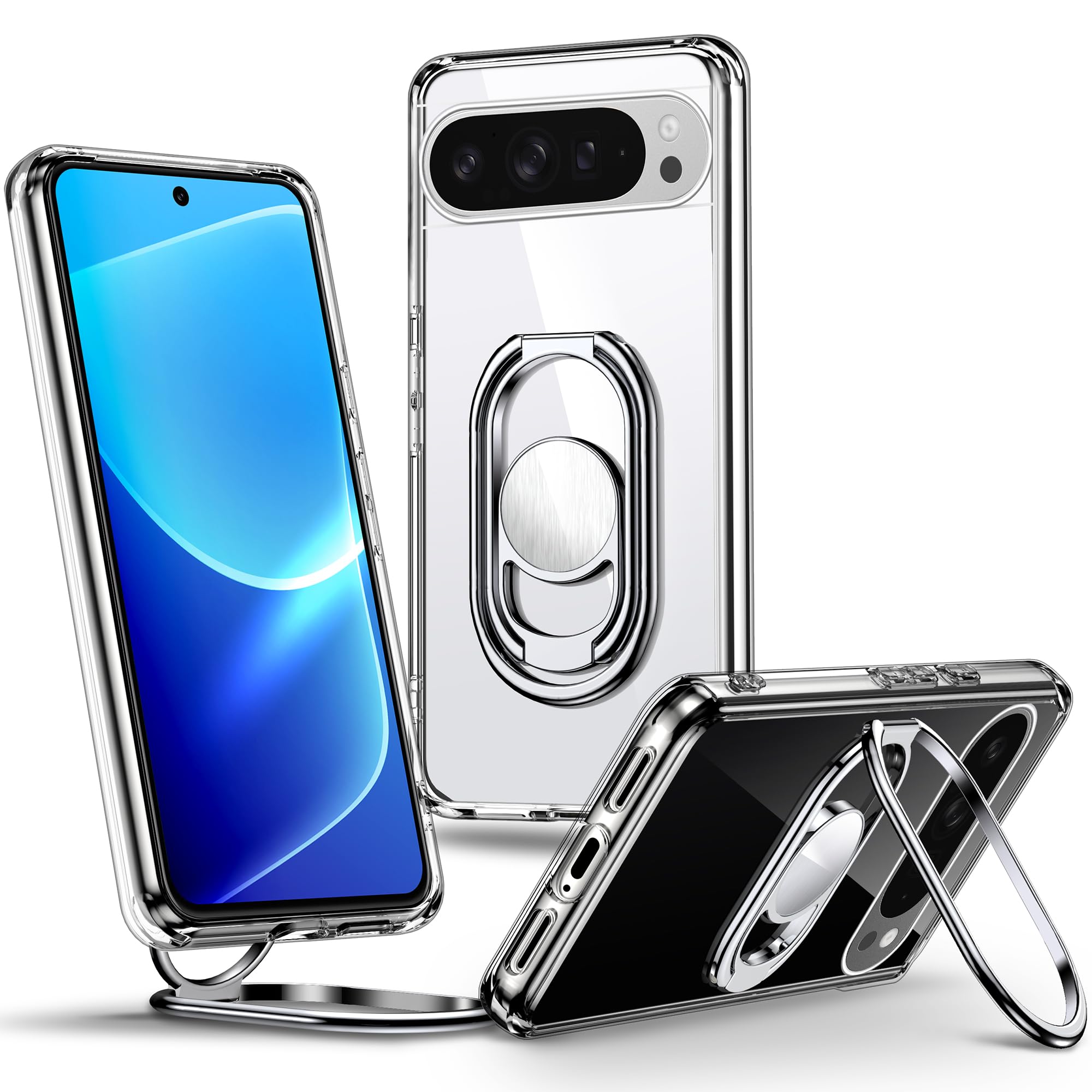 Shields Up for Google Pixel 10 Case with Stand, Pixel 10 Pro Case Clear with Double Ring Holder [Adjustable & Foldable] Shockpro