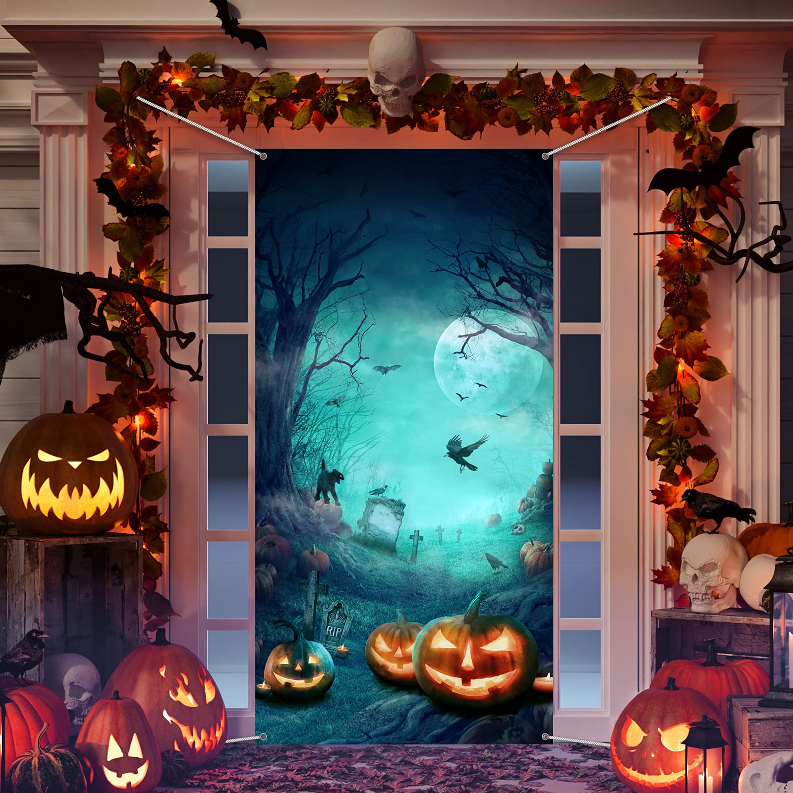 Halloween Door Decorations, Large Fabric Horror Moon Night Dead Tree Scary Cemetery Pumpkins Door Cover Halloween Front Door Por