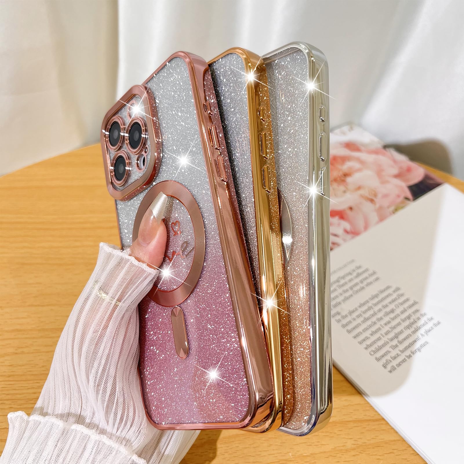 Fiyart Designed For Iphone 15 Pro Max Case,Compatible With Magsafe Love Heart Plating Camera Protection Clear Phone Case, Magnet