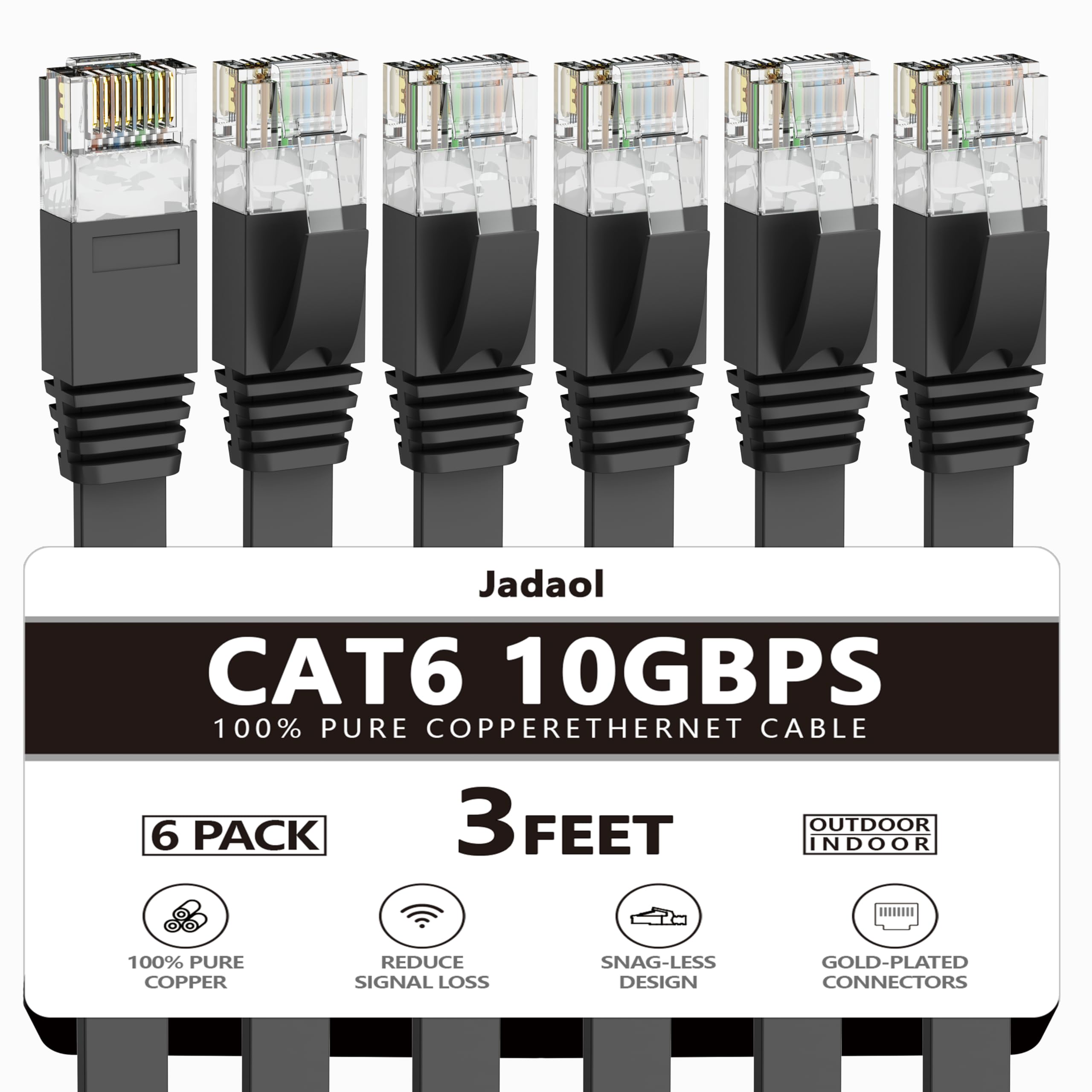 Cat 6 Ethernet Cable 3Ft 6Pack, Outdoor&Indoor, 10Gbps Support Cat 8 Cat 7 Network, Heavy Duty Internet Lan Patch Cord, Solid Hi