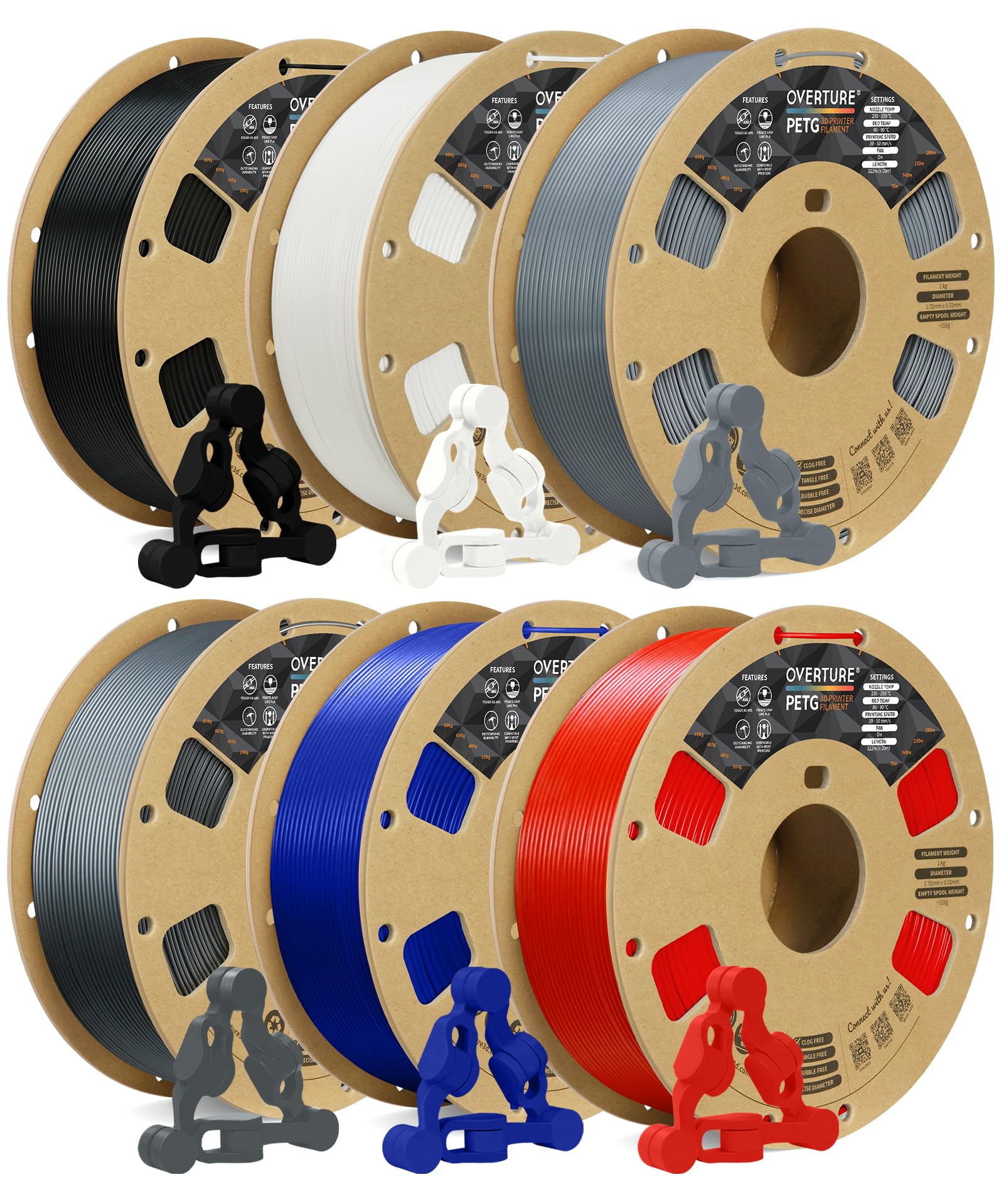 OVERTURE 6KG Bundle PETG 3D Printer Filament 1.75mm, Neatly Wound Durable PETG 6 Pack 1kg(2.2lbs), Strong Toughness Filament, Di