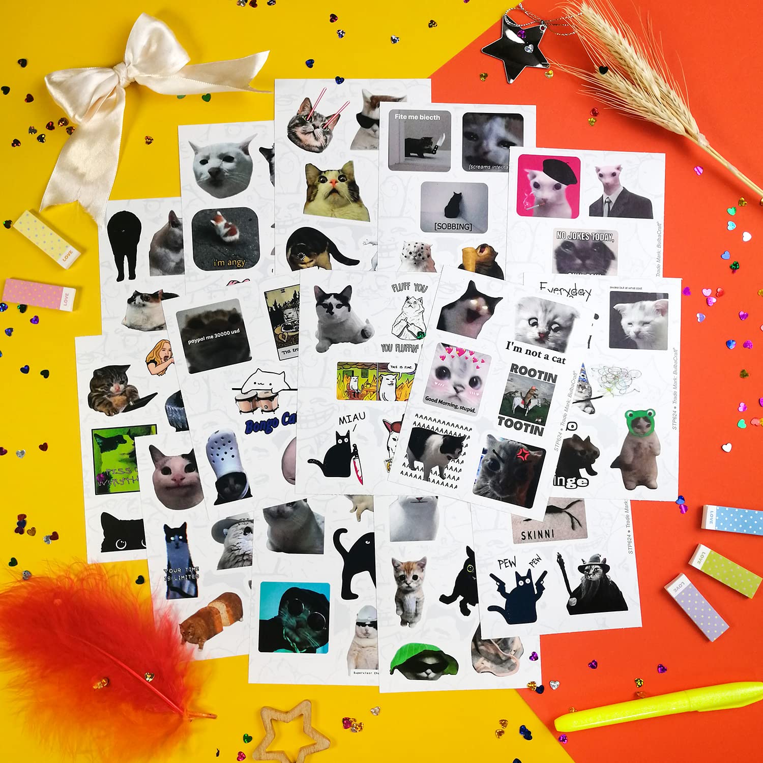 BulbaCraft 100Pcs Cat Meme Stickers - Vinyl Funny Cat Memes, Grumpy Cat, Cat Lover Gifts, Laptop Decals