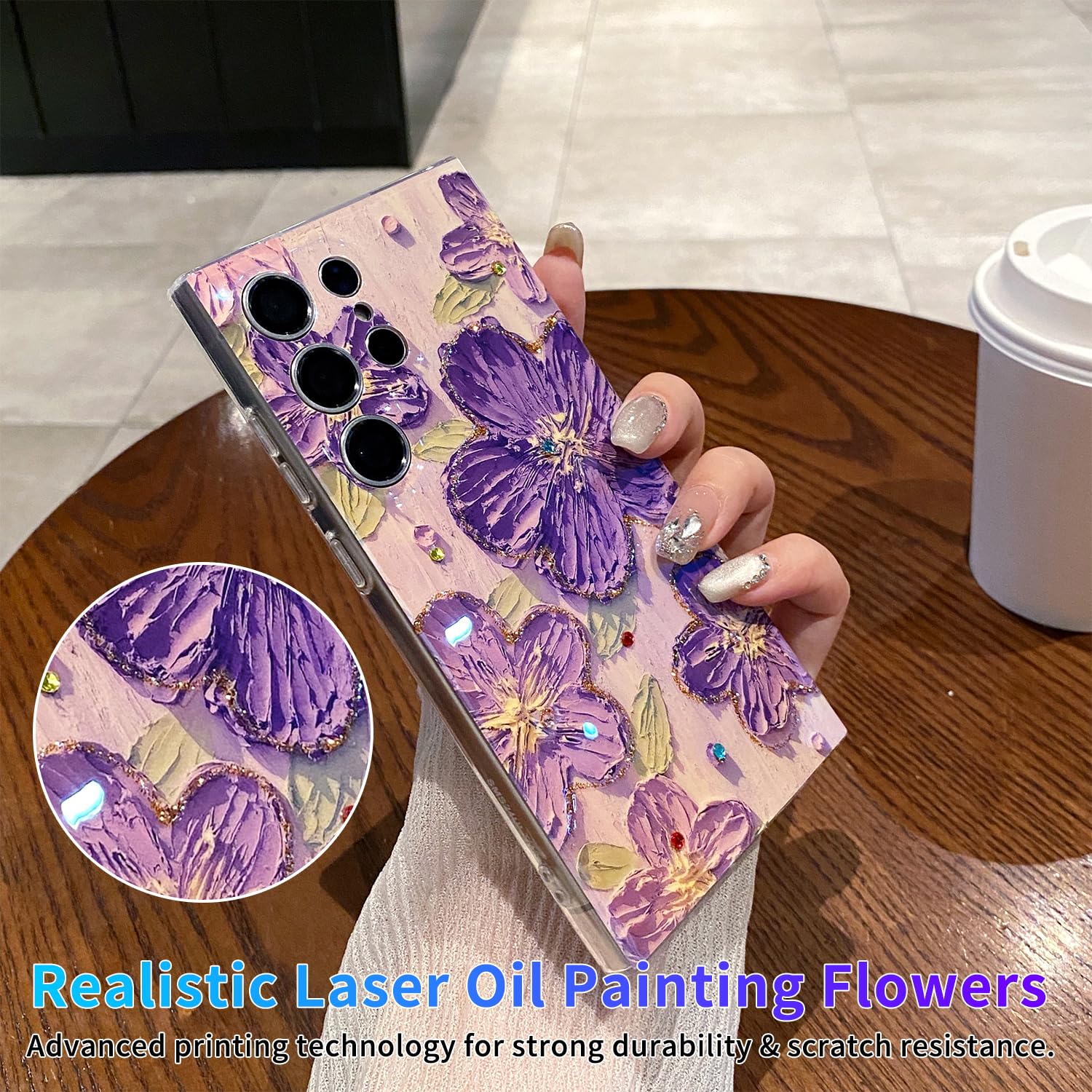 Leleyun Case For Samsung Galaxy S24 Ultra, Retro Oil Painting Printed Flower Cute Pattern With Glitter Gem Phone Cover Durable T