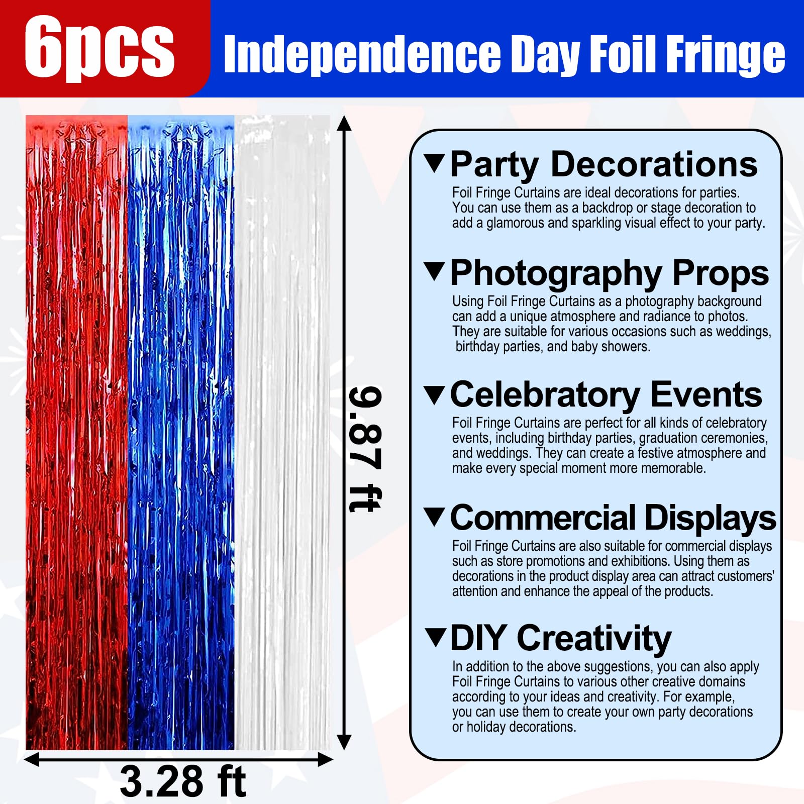 6 Pack White Blue Red Foil Fringe Curtain Backdrop, 3.28Ft X 9.8Ft Metallic Tinsel Foil Fringe Streamer Curtains For Photo Booth