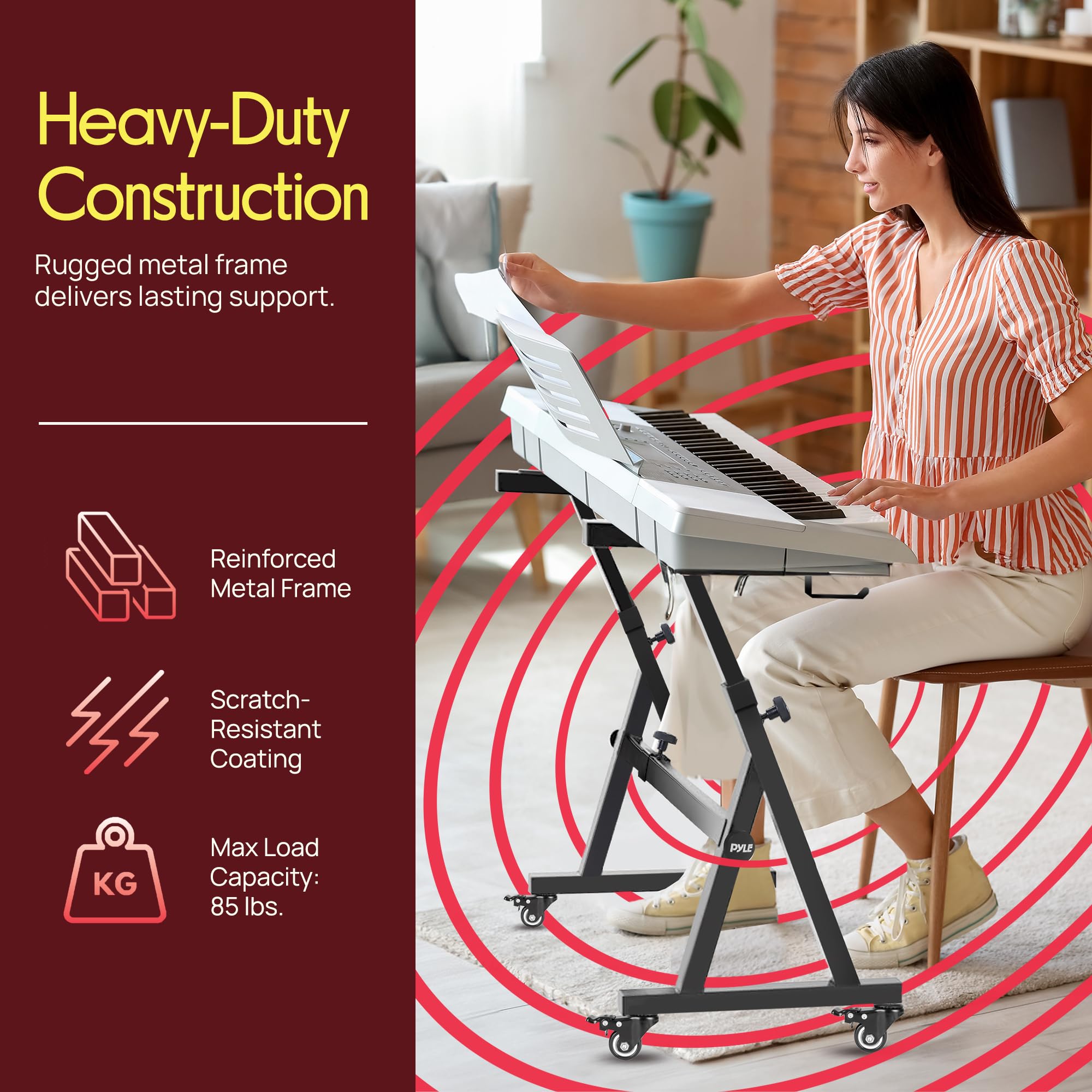 Pyle Universal Electronic Piano, Black Heavy-Duty Z Style Keyboard Stand With Locking Wheels, Adjustable Height And Width, Porta