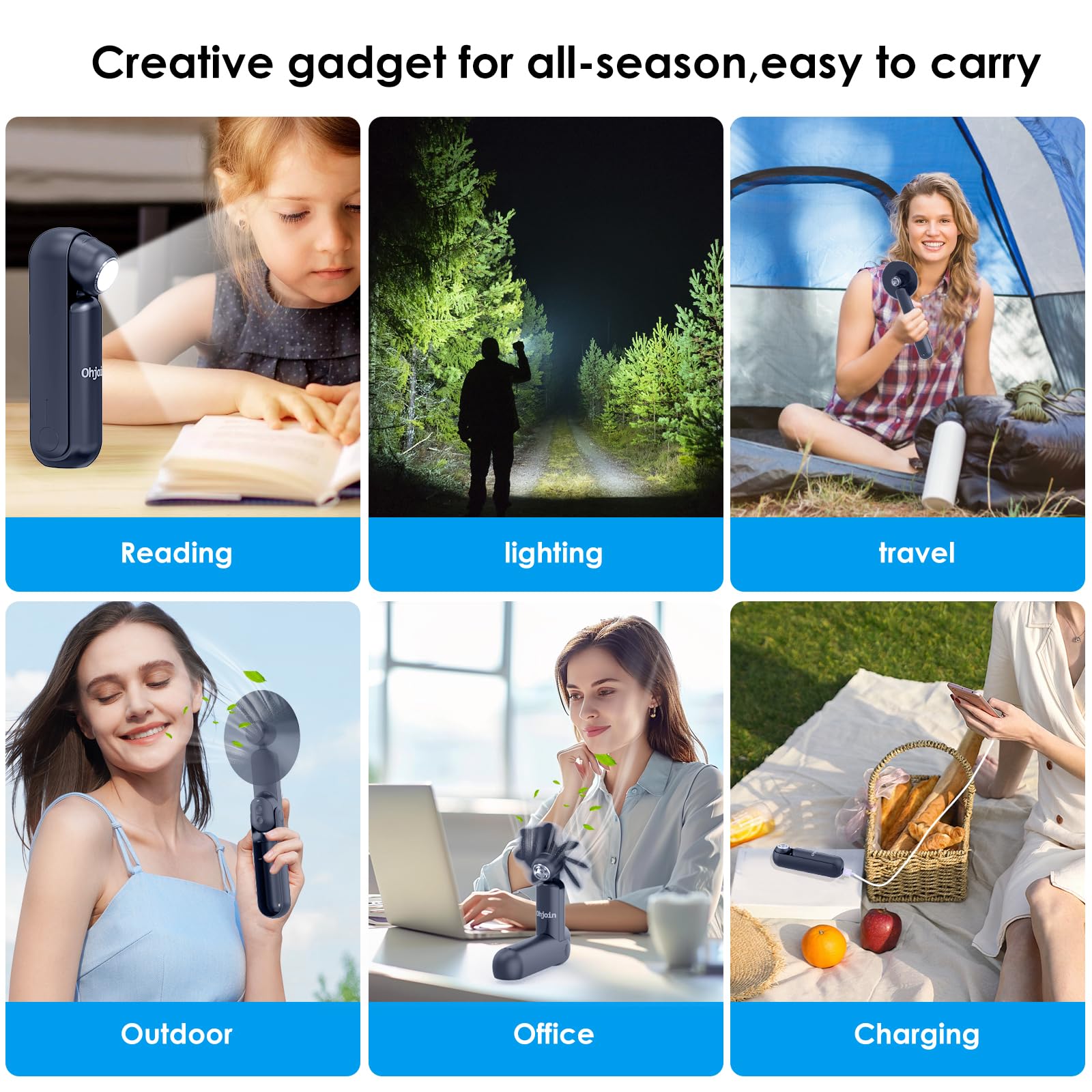 Ohjoin 4 In 1 Portable Handheld Fan,Personal Foldable Pocket Fan With Power Bank, Usb Rechargeable Hand Fan With Flashlight,Smal