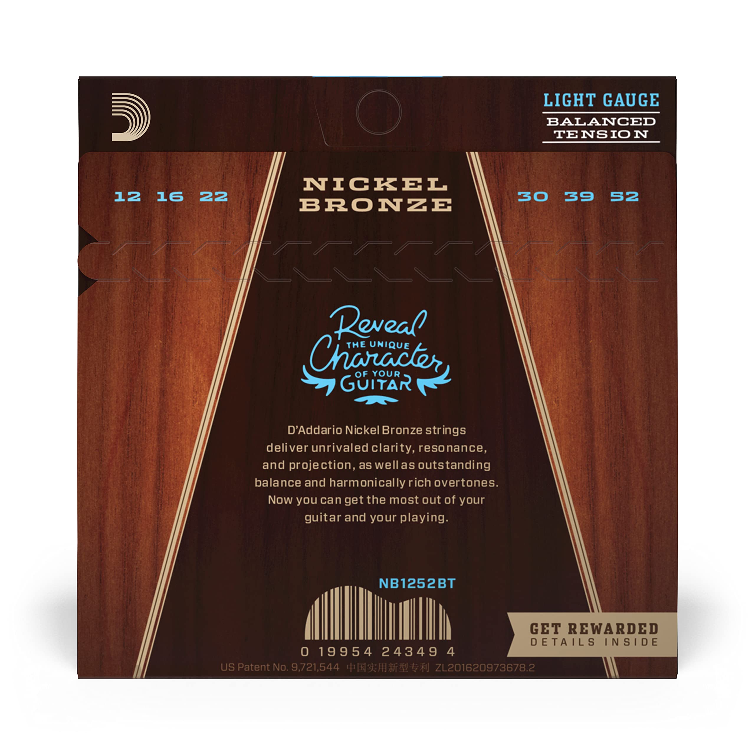 D'Addario Acoustic Guitar Strings, Nickel Bronze, Nb1252Bt, Light Gauge 12 52, Balanced Tension, 6 String Set, Pack Of 1