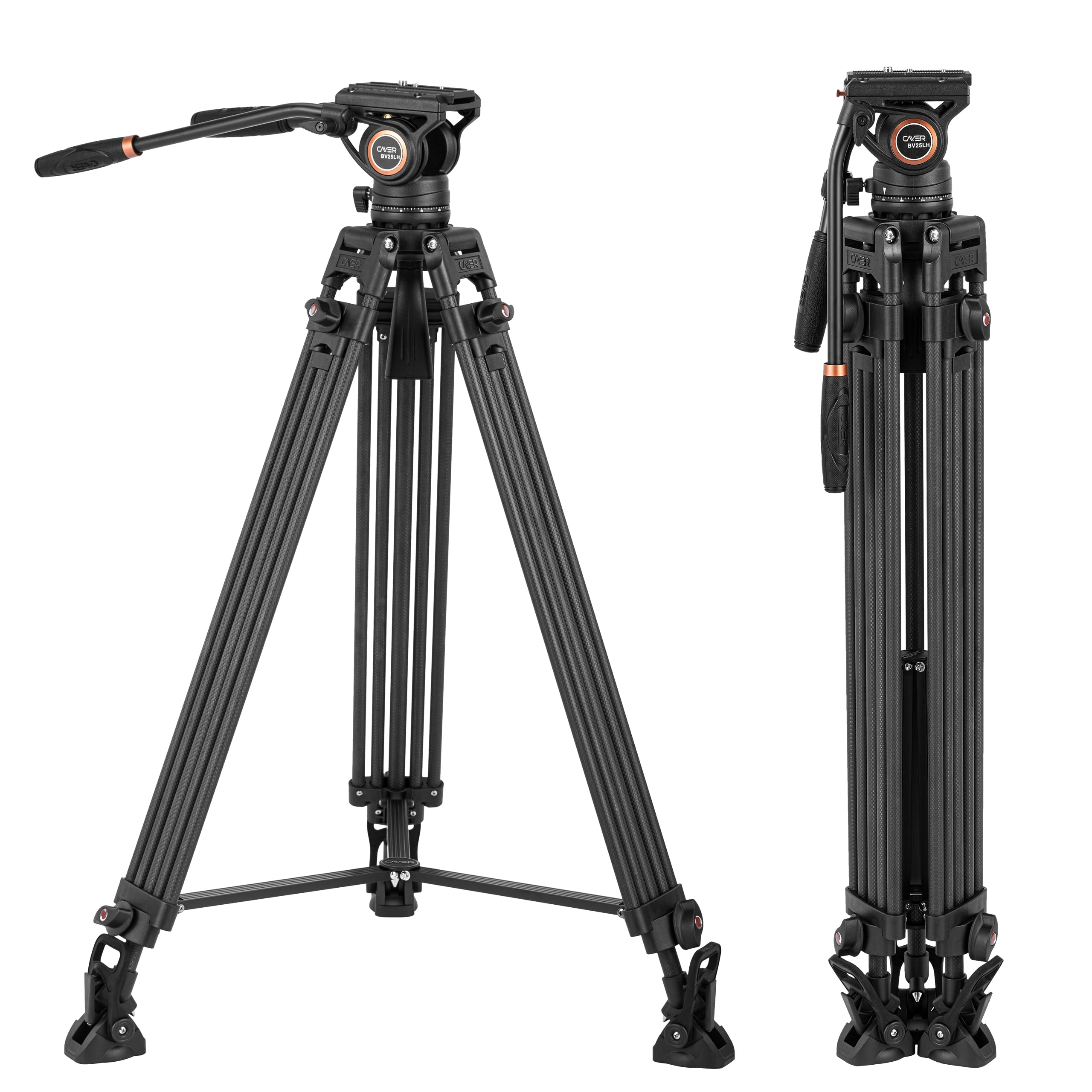 Cayer Bv25Lh Video Tripod System, 74 Inch Carbon Fiber Professional Heavy Duty Camera Tripod Kit, Twin Tube Tripod Leg With Flui