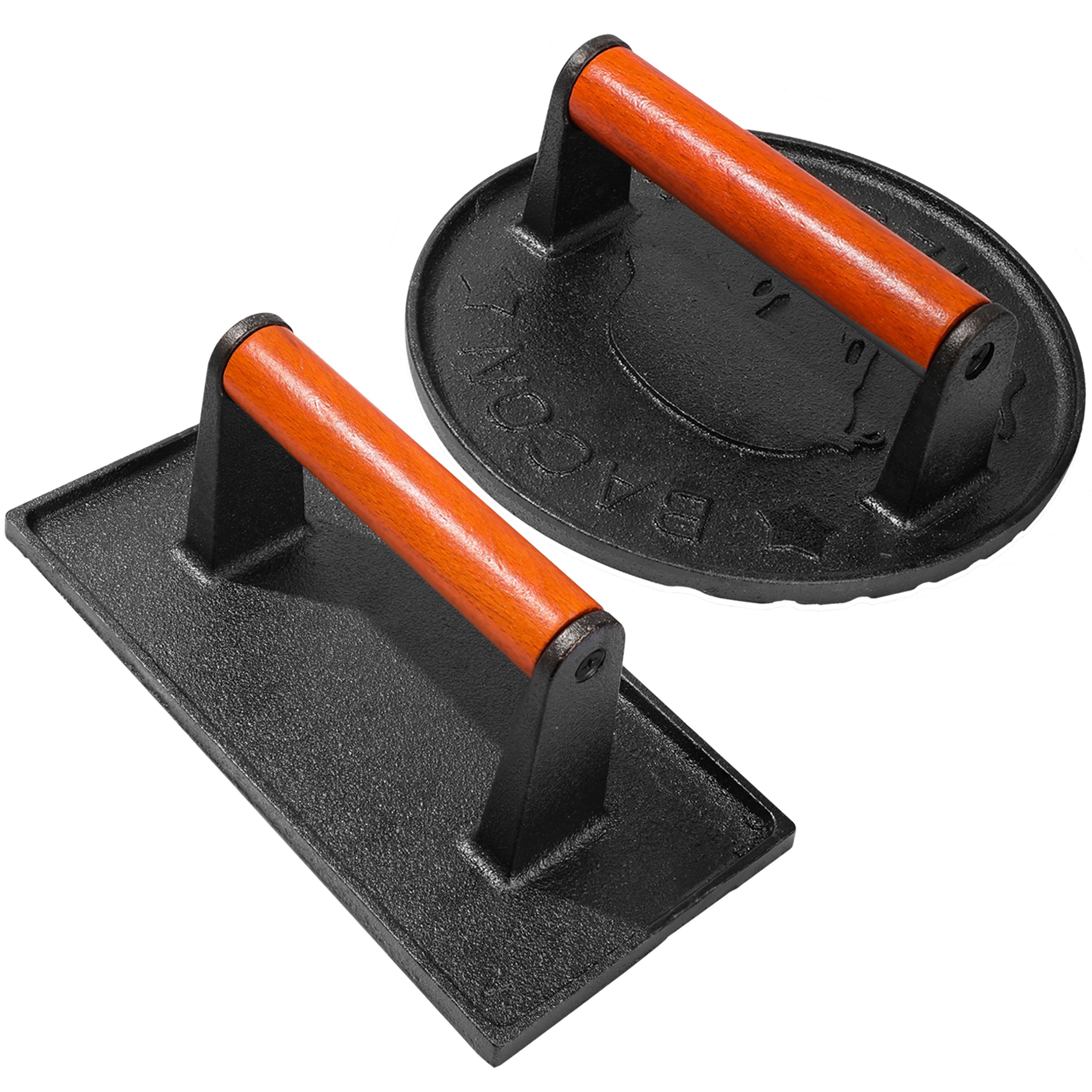 vivicreate 8.5 inch Rectangle & 7 inch Round Smash Burger Hamburger Smasher Patty Maker cast Iron Grill Weight Bacon Press Wood 