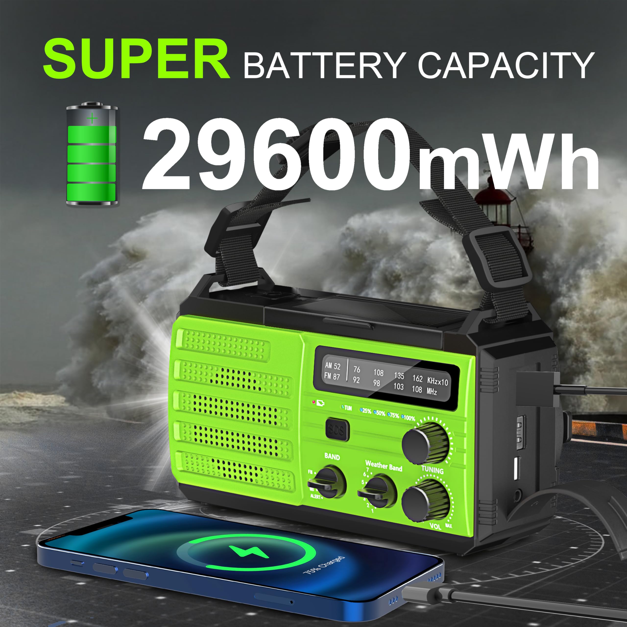 Emergency Weather Radio,29600Mwh Amfm Noaa Weather Alert Radio,Solar Hand Crank Powered Radio With Super Bright Flashlight,Phone