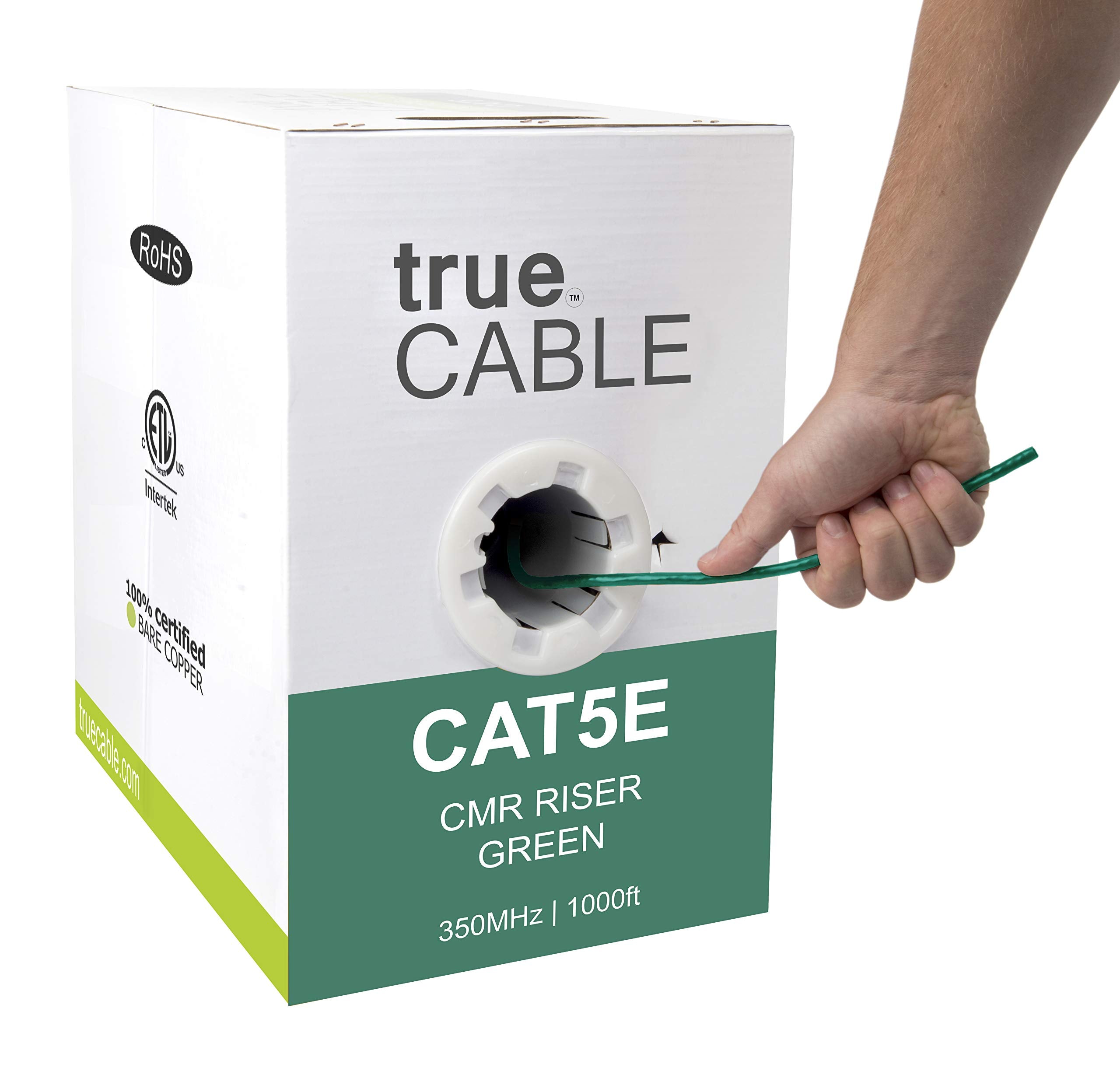 Truecable Cat5E Riser (Cmr), 1000Ft, Green, 24Awg 4 Pair Solid Bare Copper, 350Mhz, Poe++ (4Ppoe), Etl Listed, Unshielded Twisted Pair (Utp), Bulk Ethernet Cable