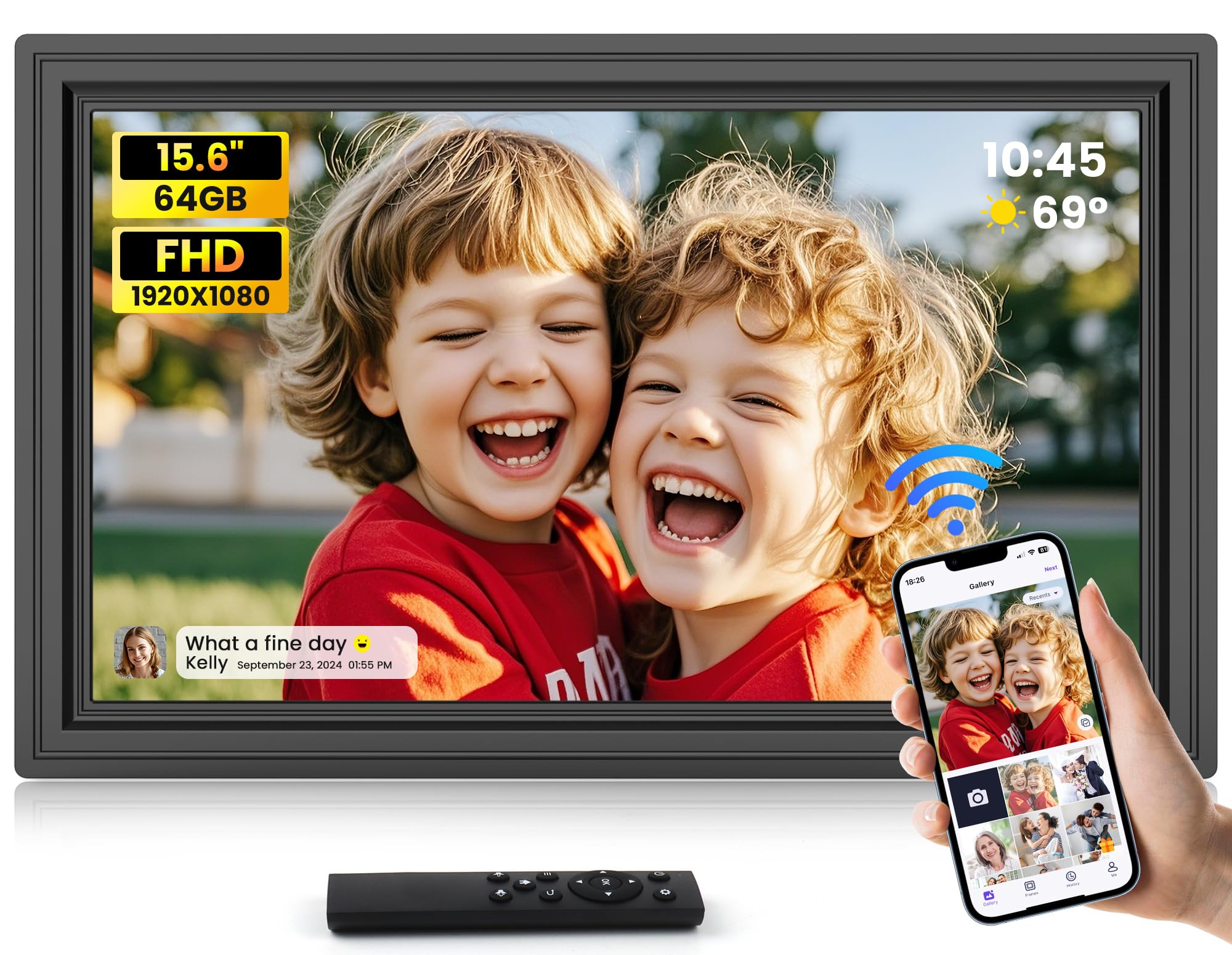 Uhale 15.6 Large Digital Picture Frame 64GB, WiFi Electronic Photo Frames 1920 x 1080 IPS FHD with Remote Control, Wall-Mounted,