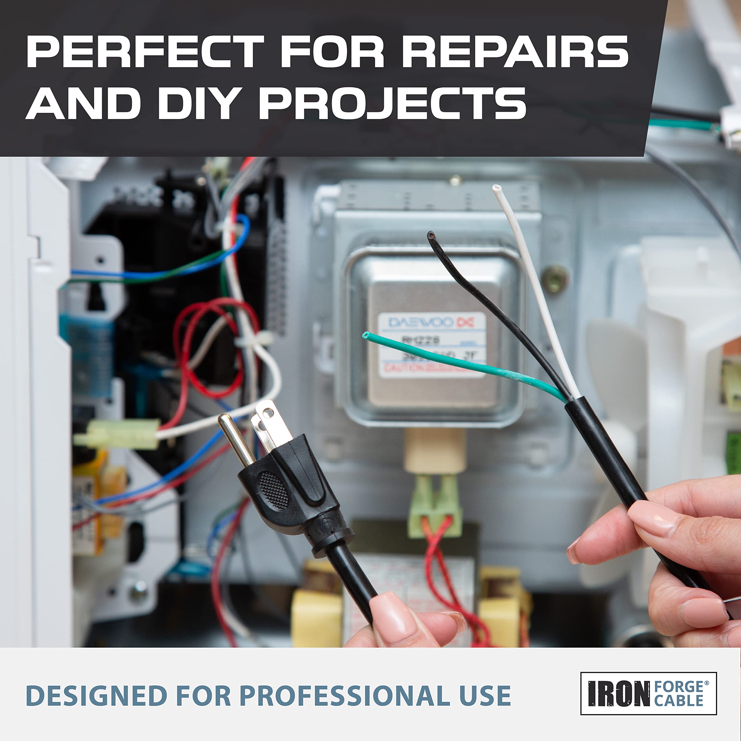 Iron Forge Cable 16 Gauge Power Cord Replacement   10Ft,15 Amp Black Heavy Duty Extension Cord, 16/3 Sjt 3 Prong Electric Cable