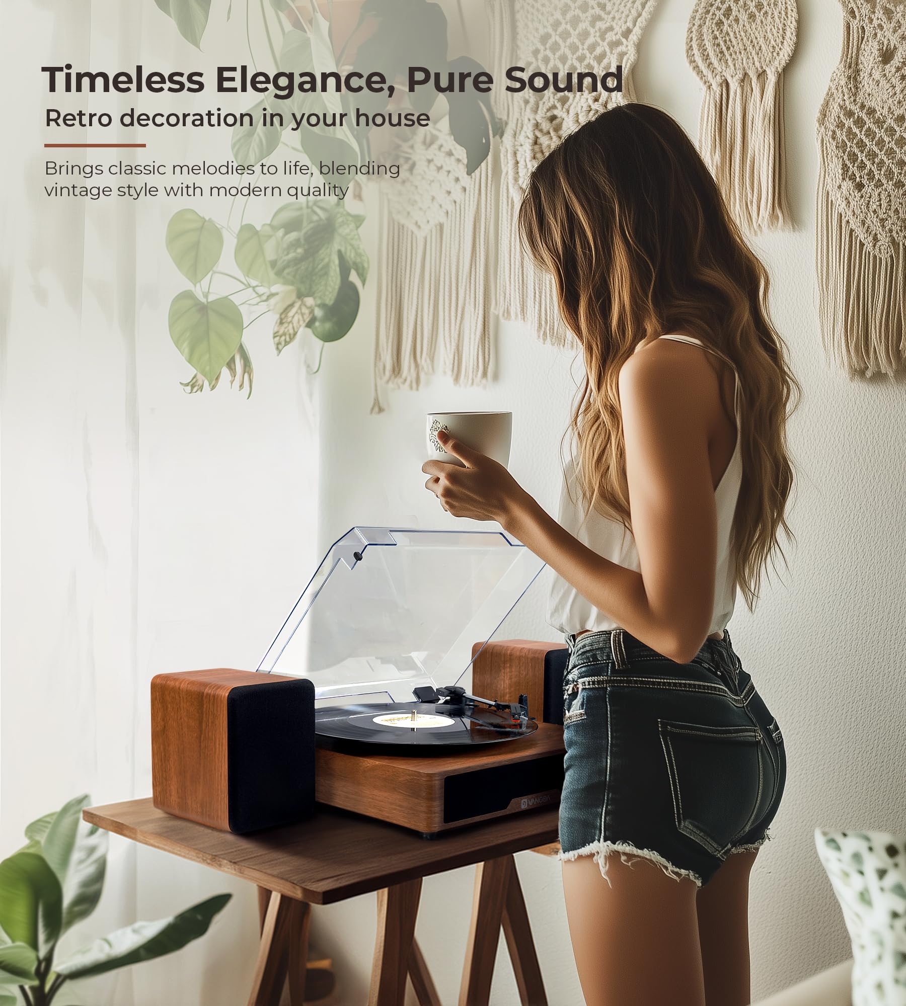 Vangoa Belt-Drive Record Player Turntable RP-01 with External Speakers 3-Speed Wood Brown