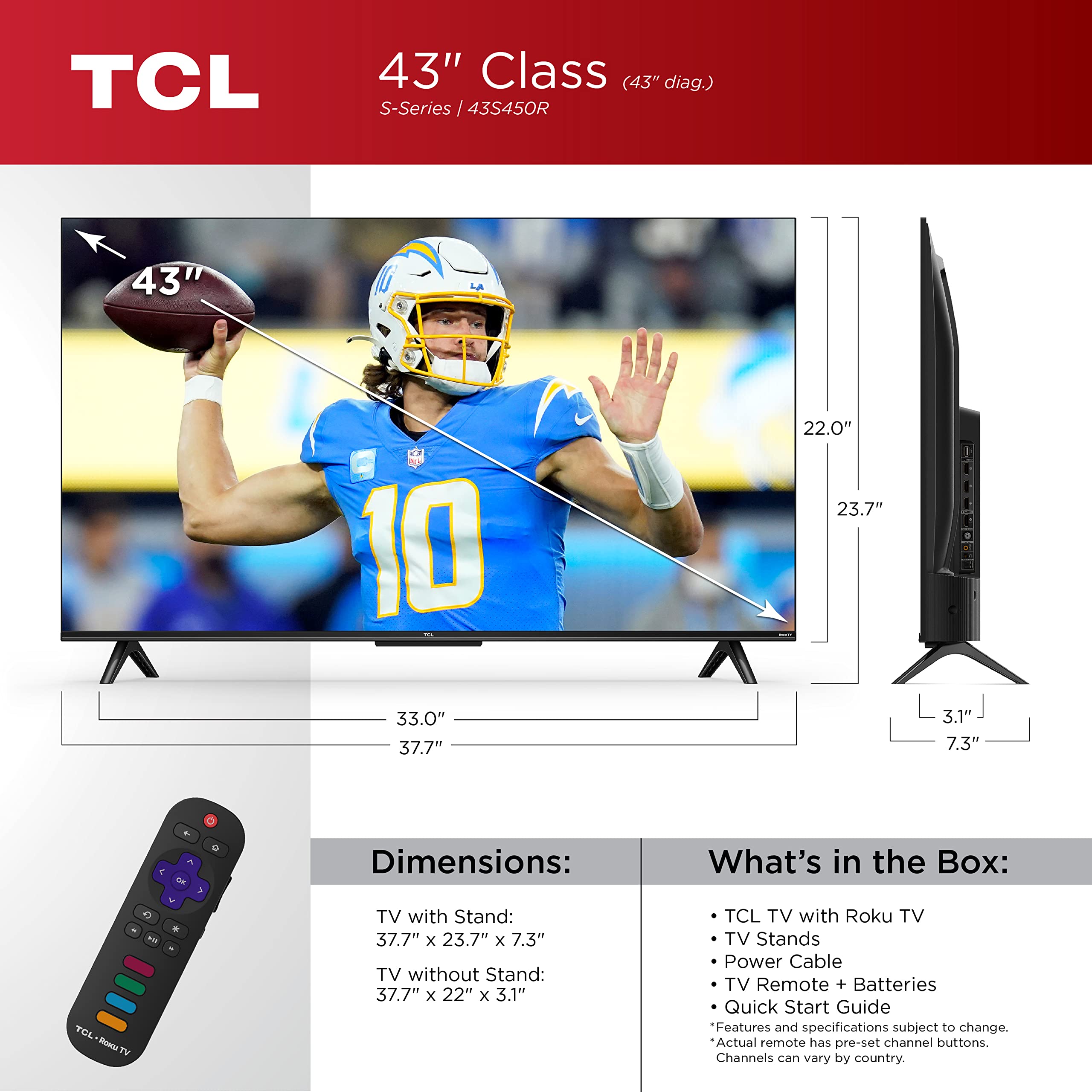 Tcl 43 Inch Class S4 4K Led Smart Tv With Roku Tv (43S450R, 2023 Model), Dolby Vision, Hdr, Dolby Atmos, Works With Alexa, Googl