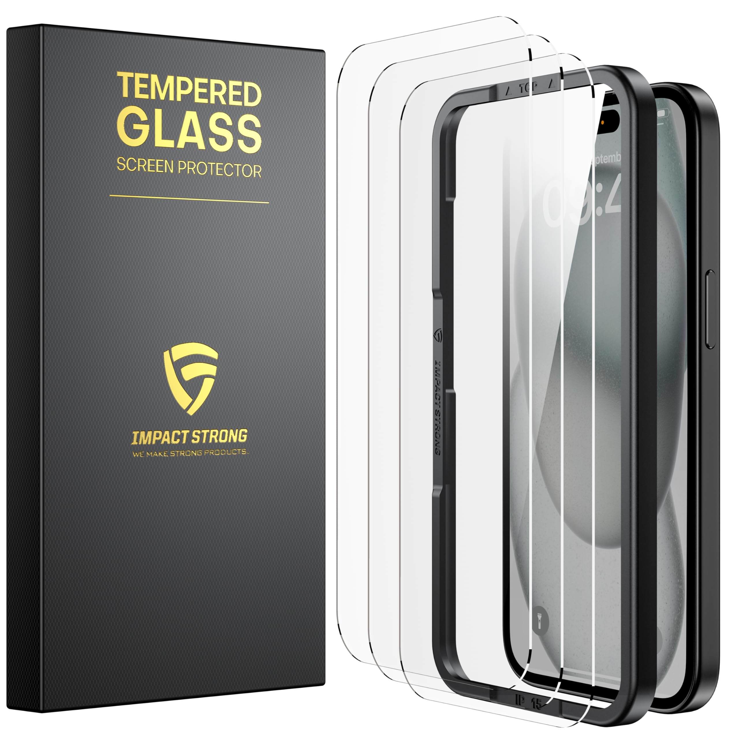 Impactstrong Shatterproof Tempered Glass Screen Protector For Iphone 15 [Easy Installation Frame] [Bubble Free] [9H Hardness] [F