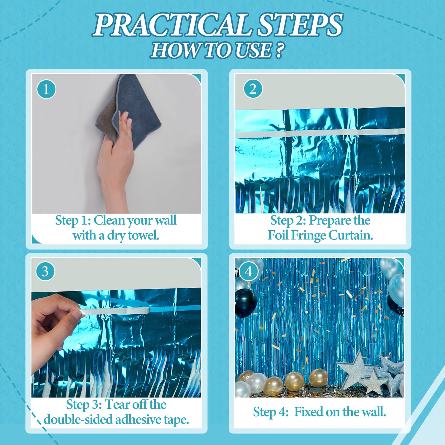 Decockrat 3 Pack Foil Fringe Backdrop   Blue Shiny Tinsel Curtains For Party Decoration/Photo Booth Props   3.3X8.2 Ft Metallic