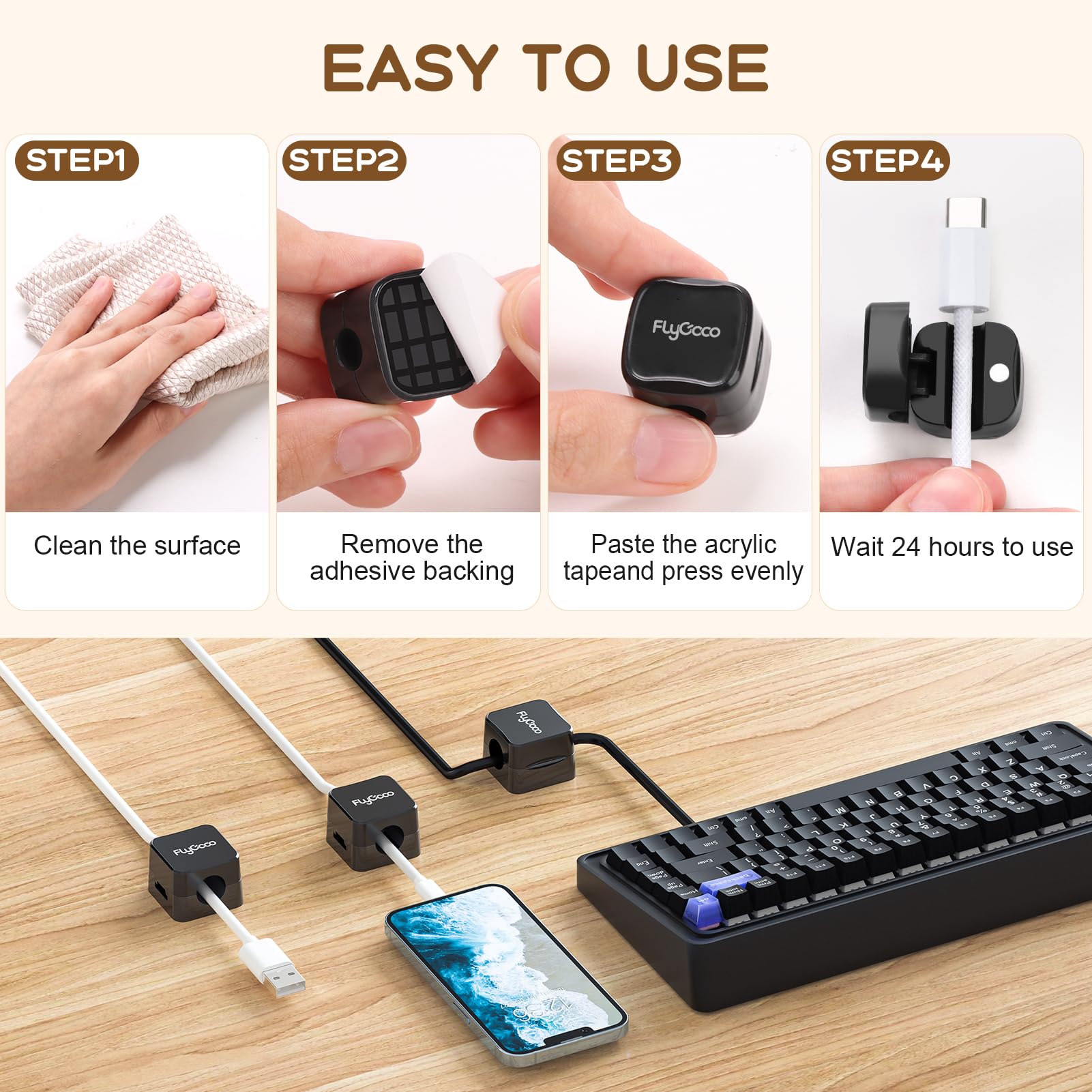 FlyCoco 6 Pack Magnetic Cable Management Clips for Desk ABS Black