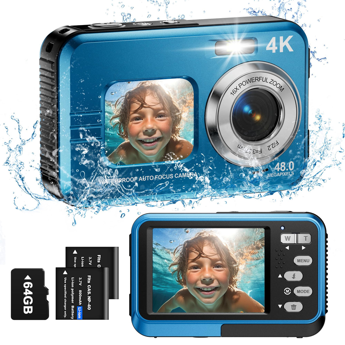 Underwater Camera, 4K Waterproof Camera With 64Gb Card 48Mp Autofocus Selfie Dual Screens 11Ft Underwater Camera For Snorkeling 