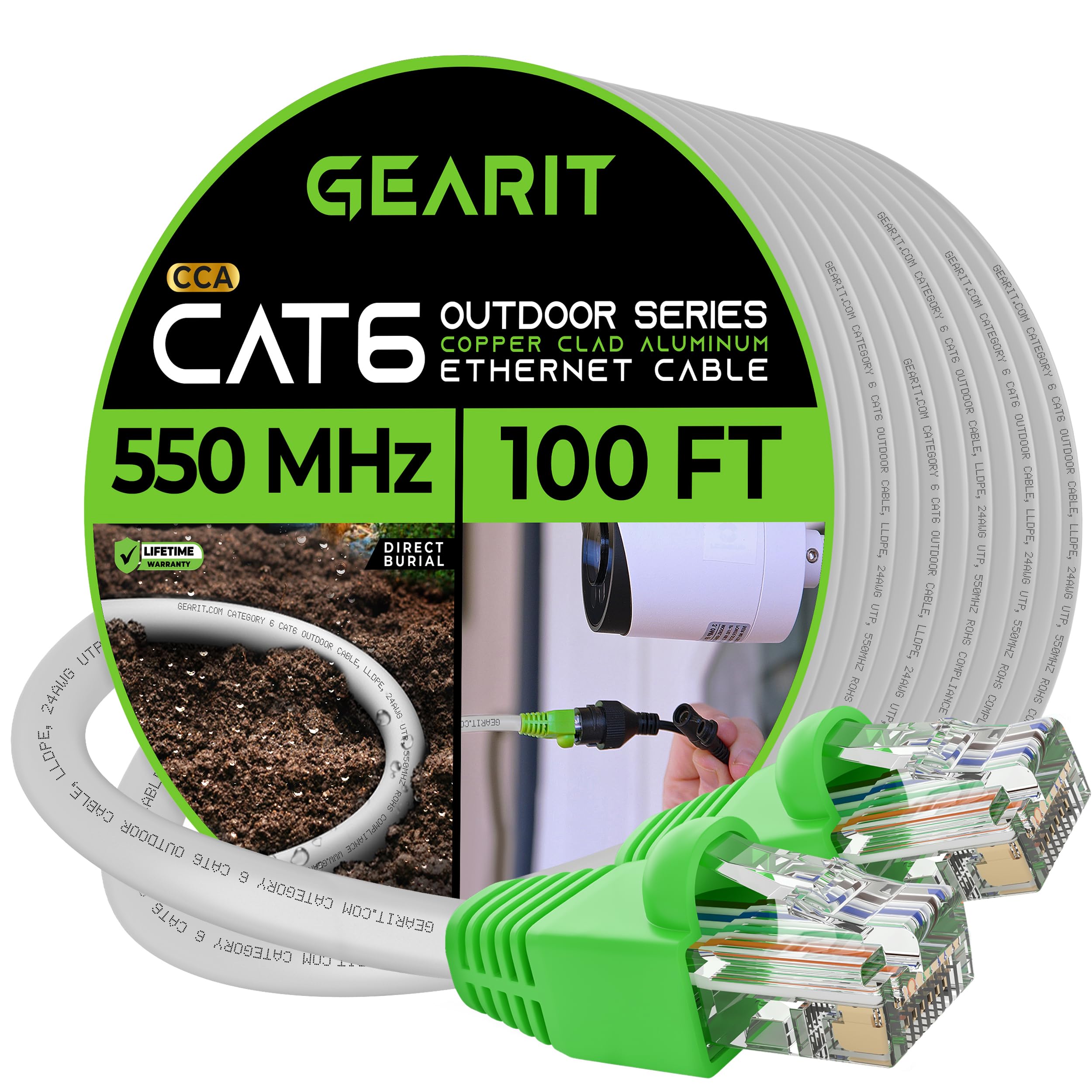 Gearit Cat6 Outdoor Ethernet Cable (25 Feet) Cca Copper Clad, Waterproof, Direct Burial, In Ground, Uv Jacket, Poe, Network, Int