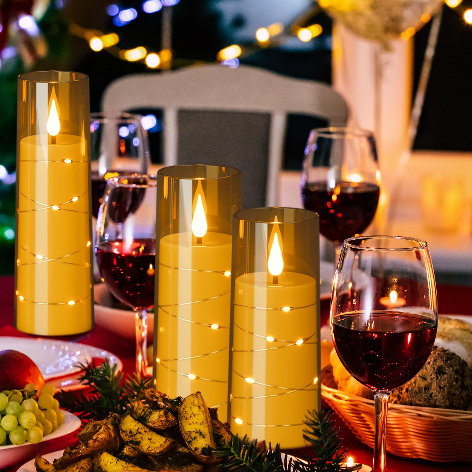 Genswin Flickering Flameless Candles With 3 Remote Timer, 9 Pack Battery Operated Candles With Embedded Star String, Gold Led Ba