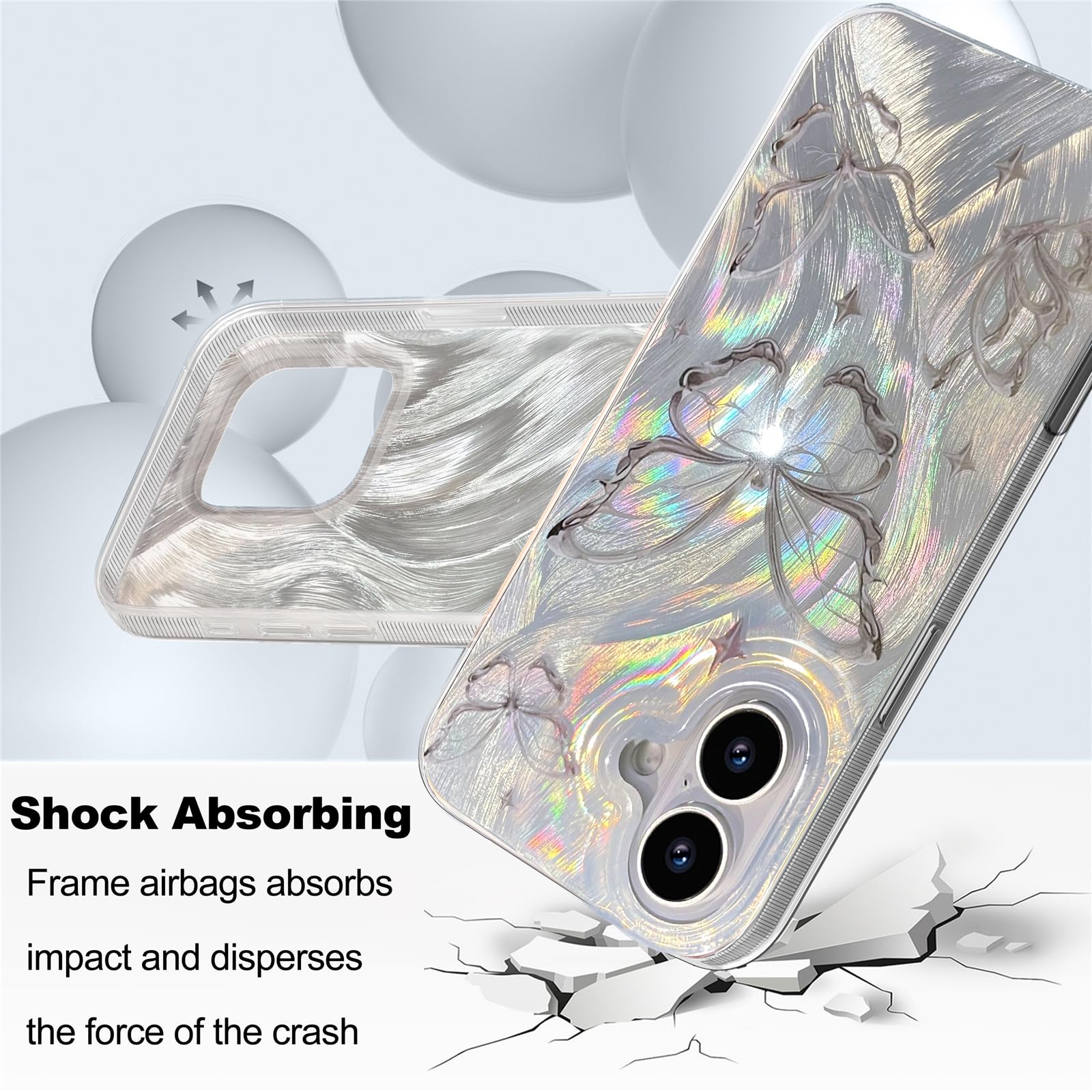 I Mgae In Ar Compact Case For Iphone 16 Plus Shiny Silver Butterfly Design,Cute Trendy Soft Slim Tpu Shockproof Protective Phone