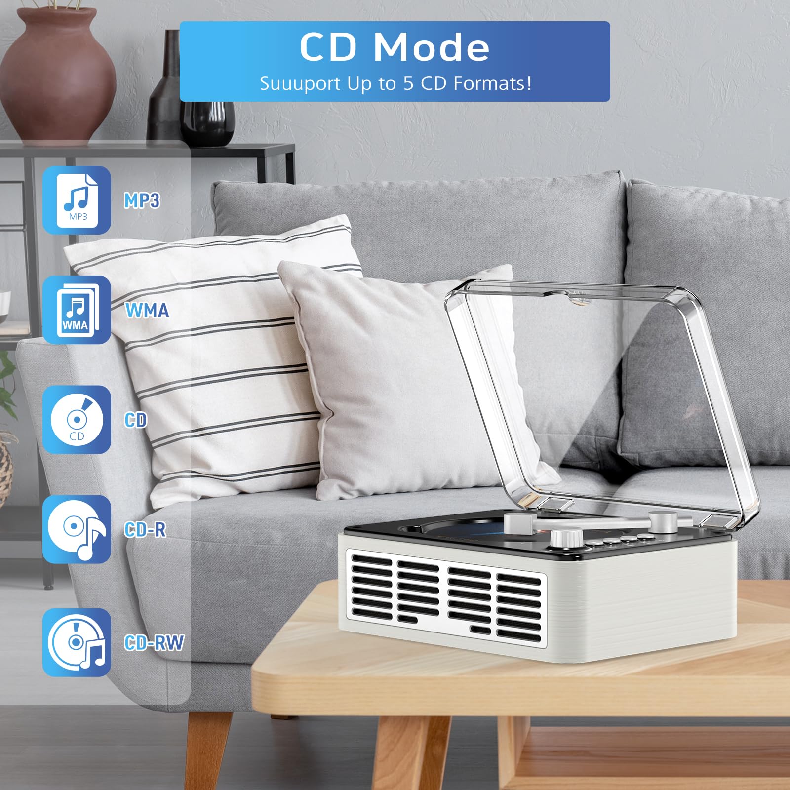 WSJSYH Portable CD Player with Bluetooth, Double HiFi Speakers, FM Radio, AUX/USB, Sleep Mode - White Boombox for Home & Office