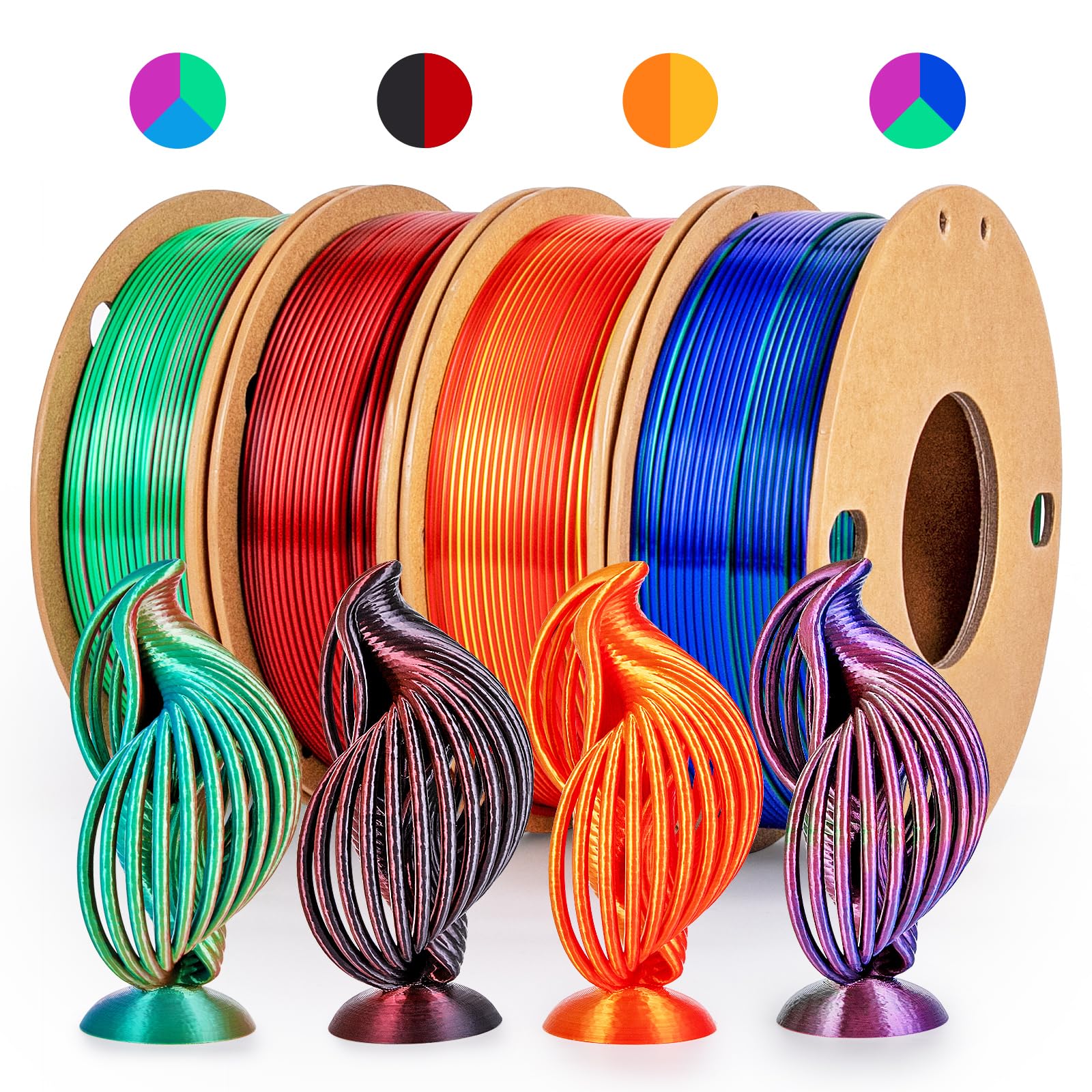 dikale Silk 3D Printing Filament PLA+ Tricolor and Dual Color 4-Pack Bundle - 1.75mm 3D Printing PLA Pro 250g x 4 Spools, Rose R