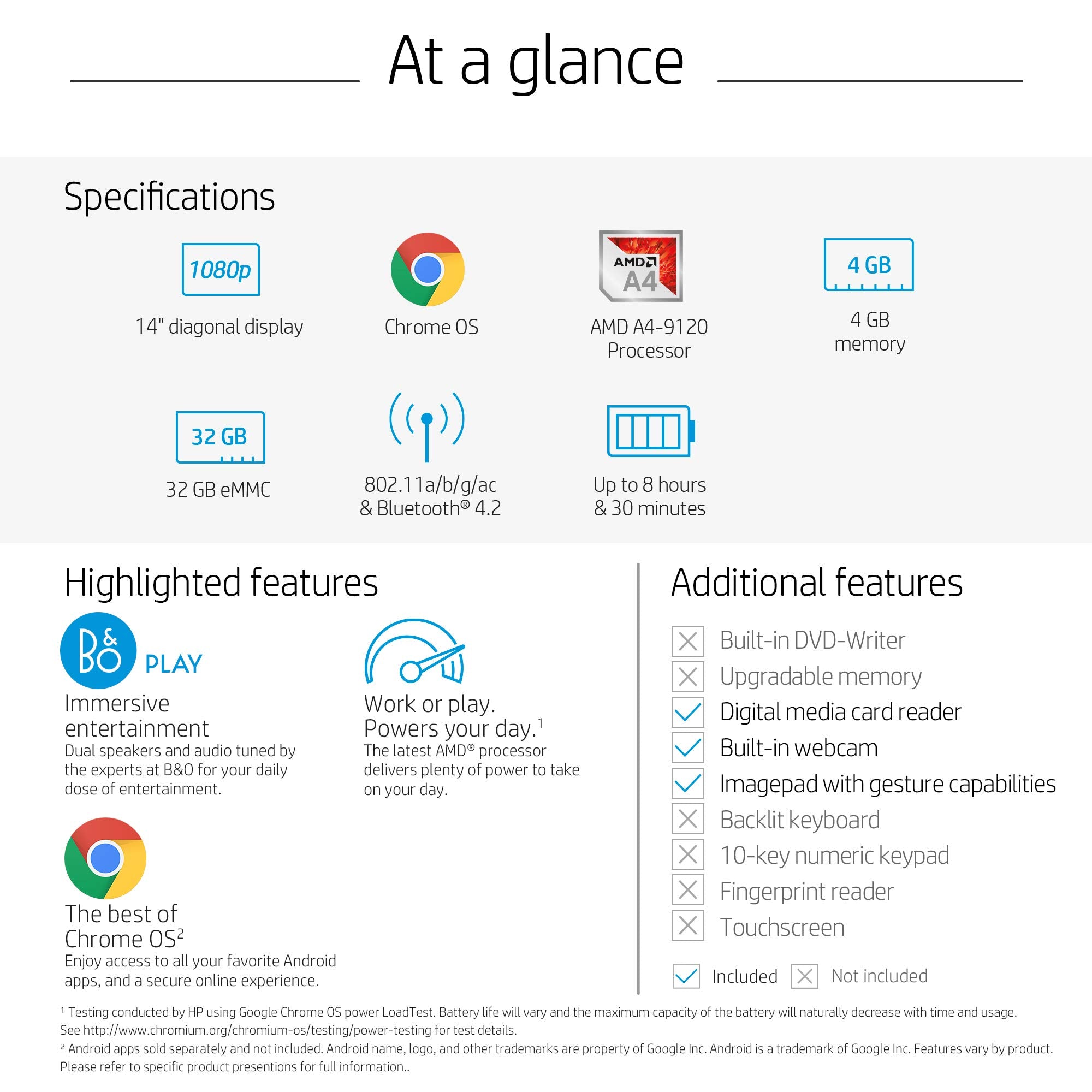 HP Chromebook 14 Inch Laptop with 180 Degree Hinge, Full HD Screen, AMD Dual Core A4 9120 Processor, 4 GB SDRAM, 32 GB eMMC Storage, Chrome OS (14 db0050nr, Snow White)