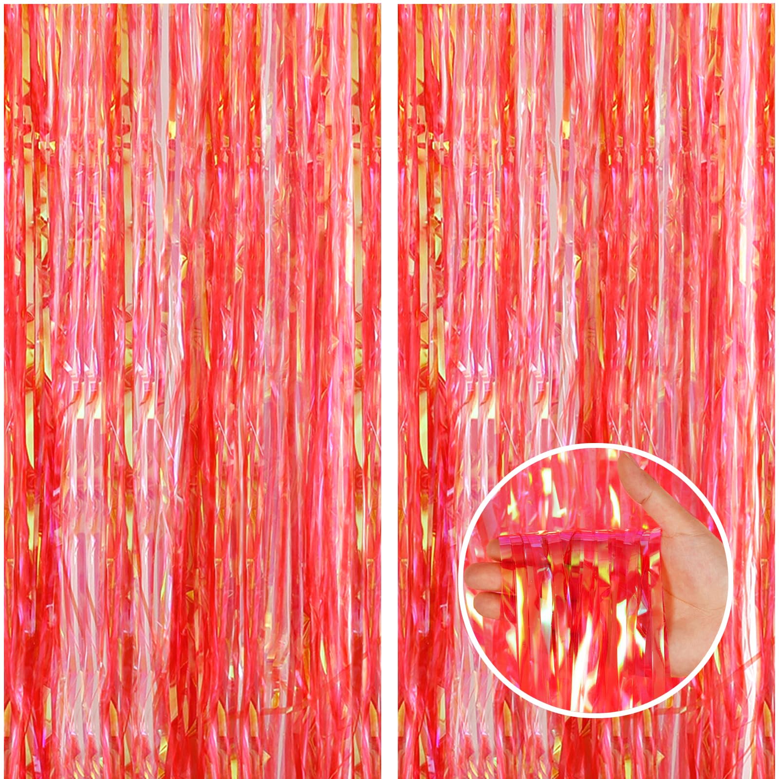 Canrevel 2 Pack 3.2X6.5 Feet Iridescent Foil Fringe Backdrop Curtains, Clear Red Tinsel Photo Booth Props Streamers Party Decora
