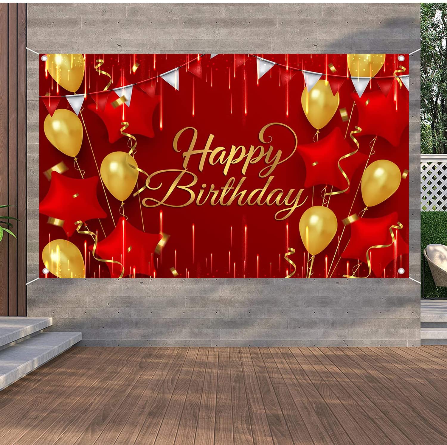 Generic Red And Gold Balloons Birthday Photography Background, Happy Birthday Backdrop With Banner, Rope For Men, Woman, Baby Sh