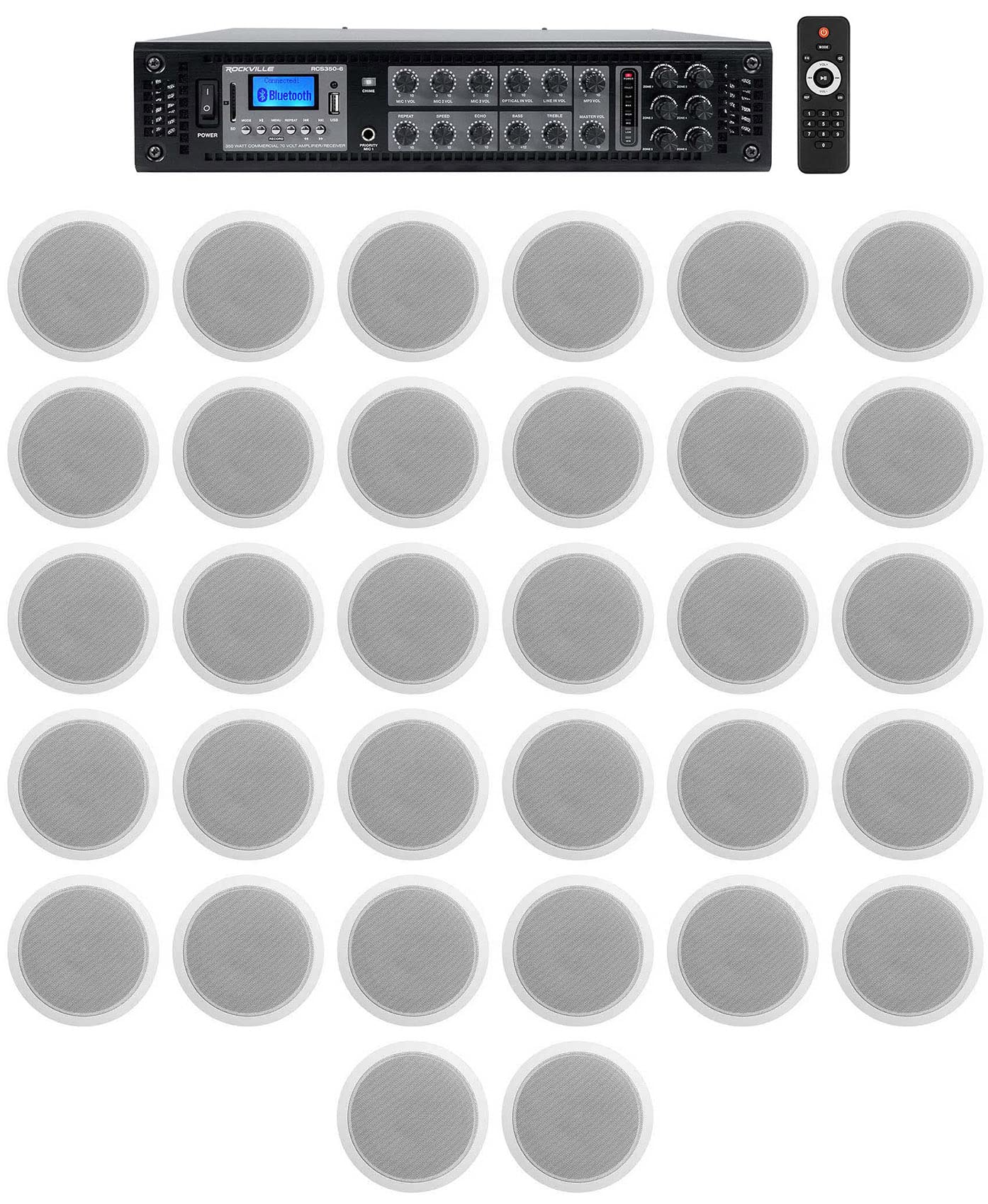 Rockville CCL6T Bundle: (32) 6 White 70V Commercial Ceiling Speakers for Restaurant, Bar, Hotel or Office, RCS350-6 350W 6-Zone