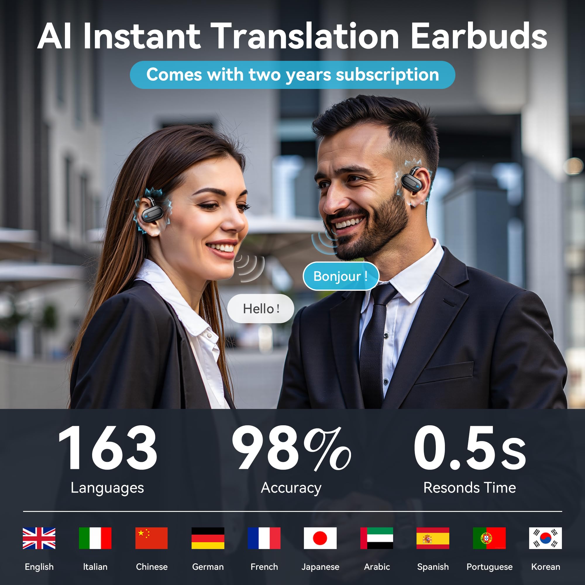 Ai Language Translation Earbuds, 3-In-1 Instant Translator Earbuds With 163 Languages Wireless Bluetooth Two Way Online Voice Tr