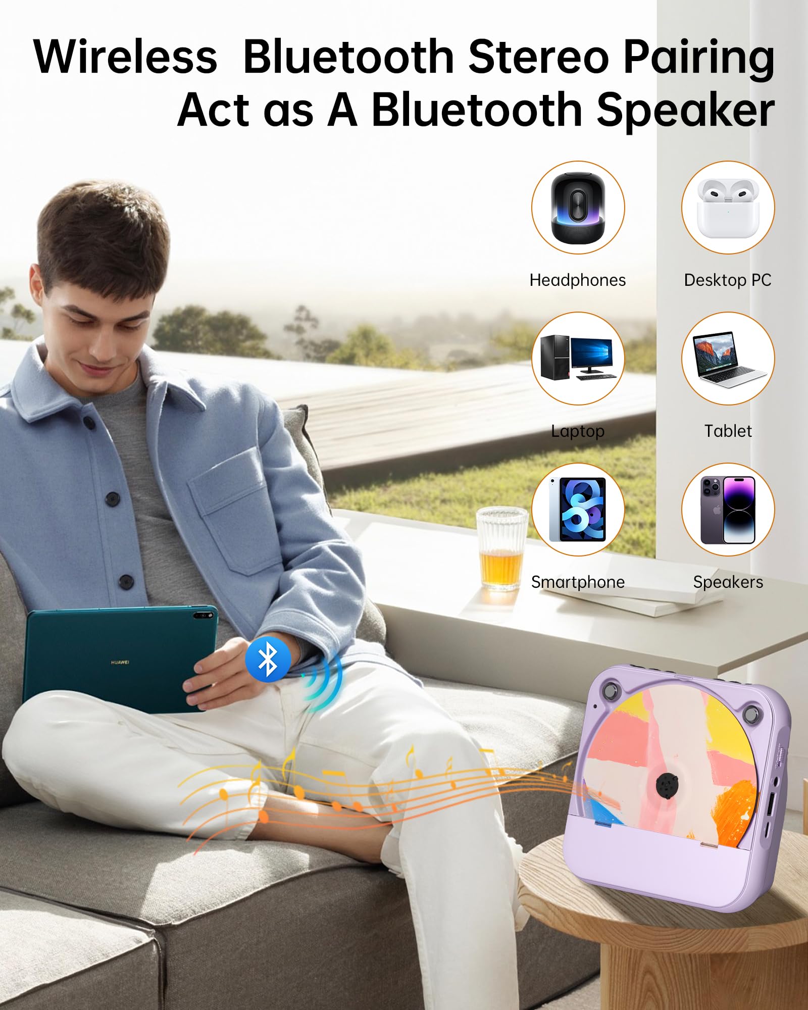 Envycloud Portable Cd Player Bluetooth Rechargeable, Wireless Mini Desktop For Home With Hifi Speaker, Cute Cd Player Remote Con