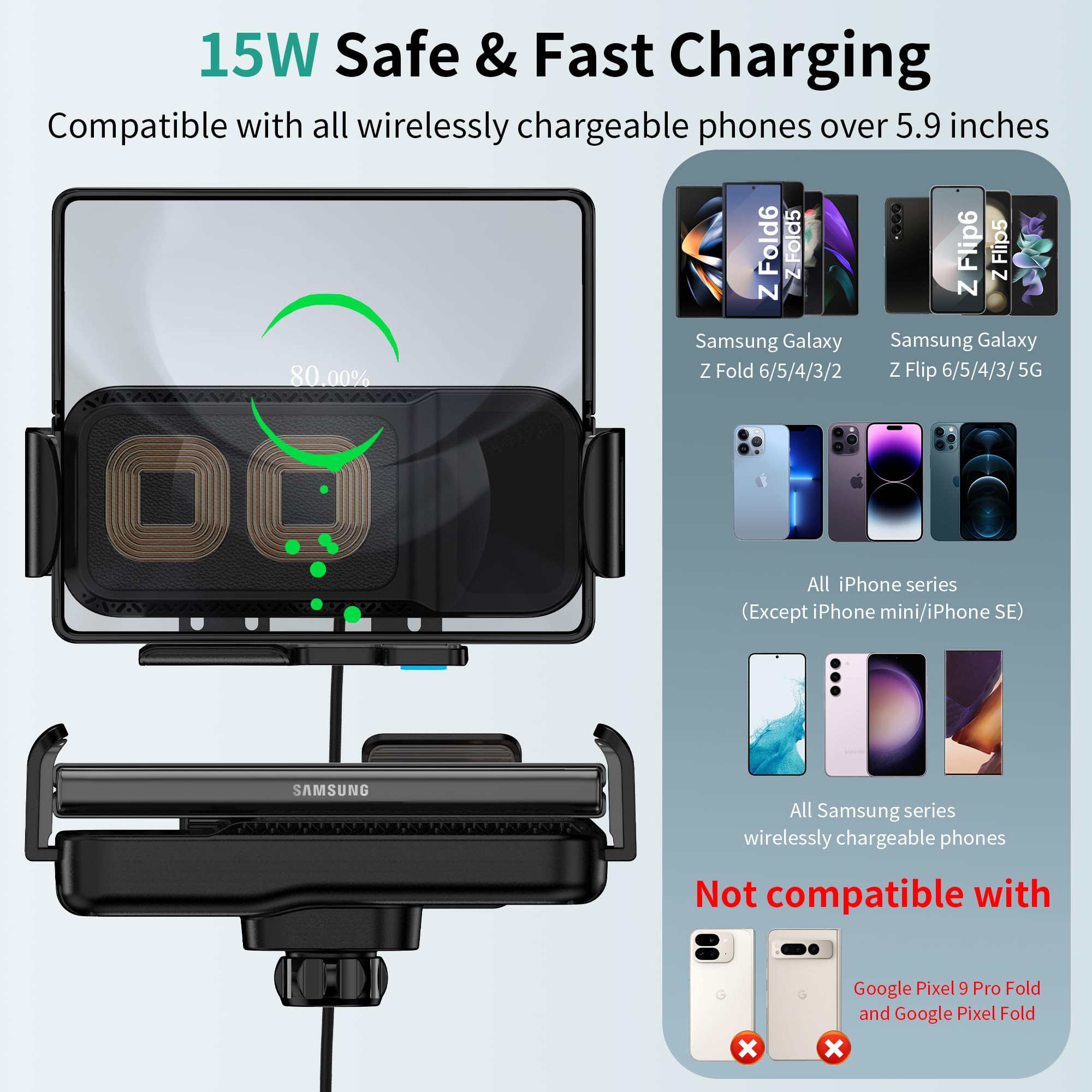 Wireless Car Charger Mount, 15W Dual Coil Rotatable Car Phone Holder Wireless Charger For Samsung Galaxy Z Fold 6/5/4/3/2, Z Fli