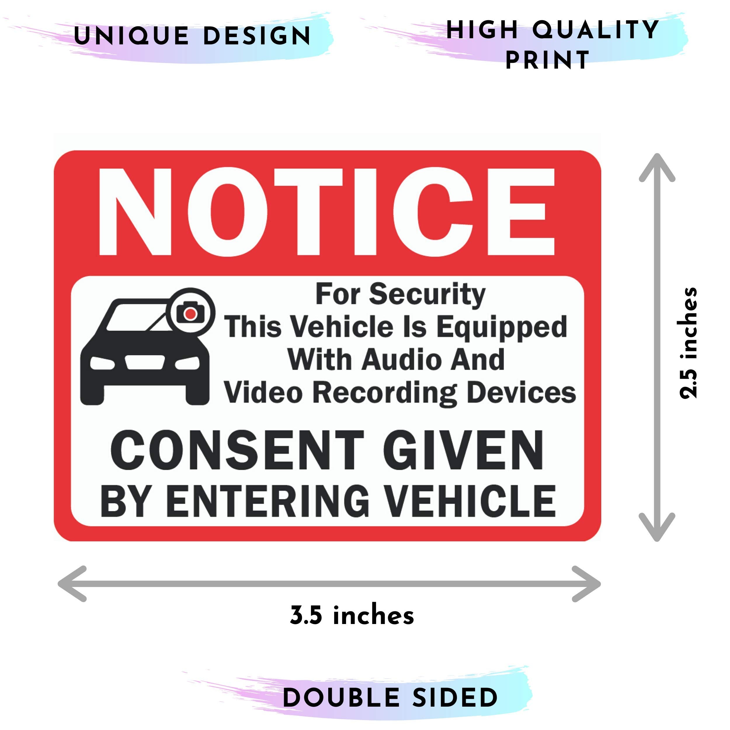 10 Pack Double Sided 3.5''X2.5''   Notice Vehicle Is Equipped With Audio And Video Recording Devices Consent By Entering Car Sti