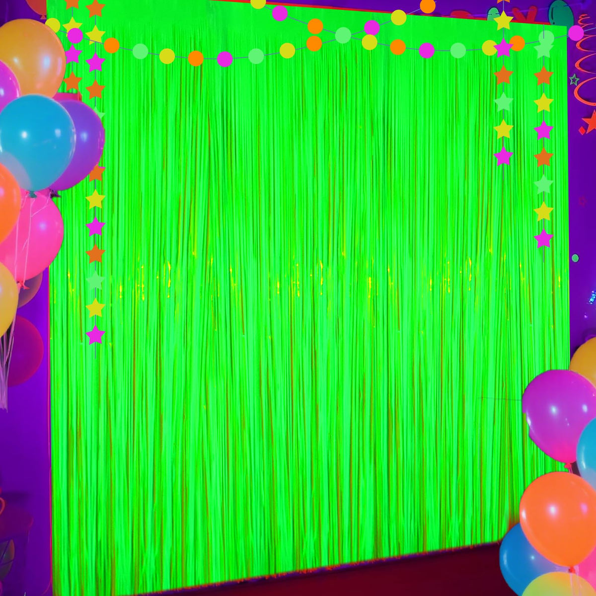 4 Packs Glow In The Dark Foil Fringe Curtain, Macaron Green Blacklight Reactive Fluorescent Tinsel Backdrop Neon Luminous Stream