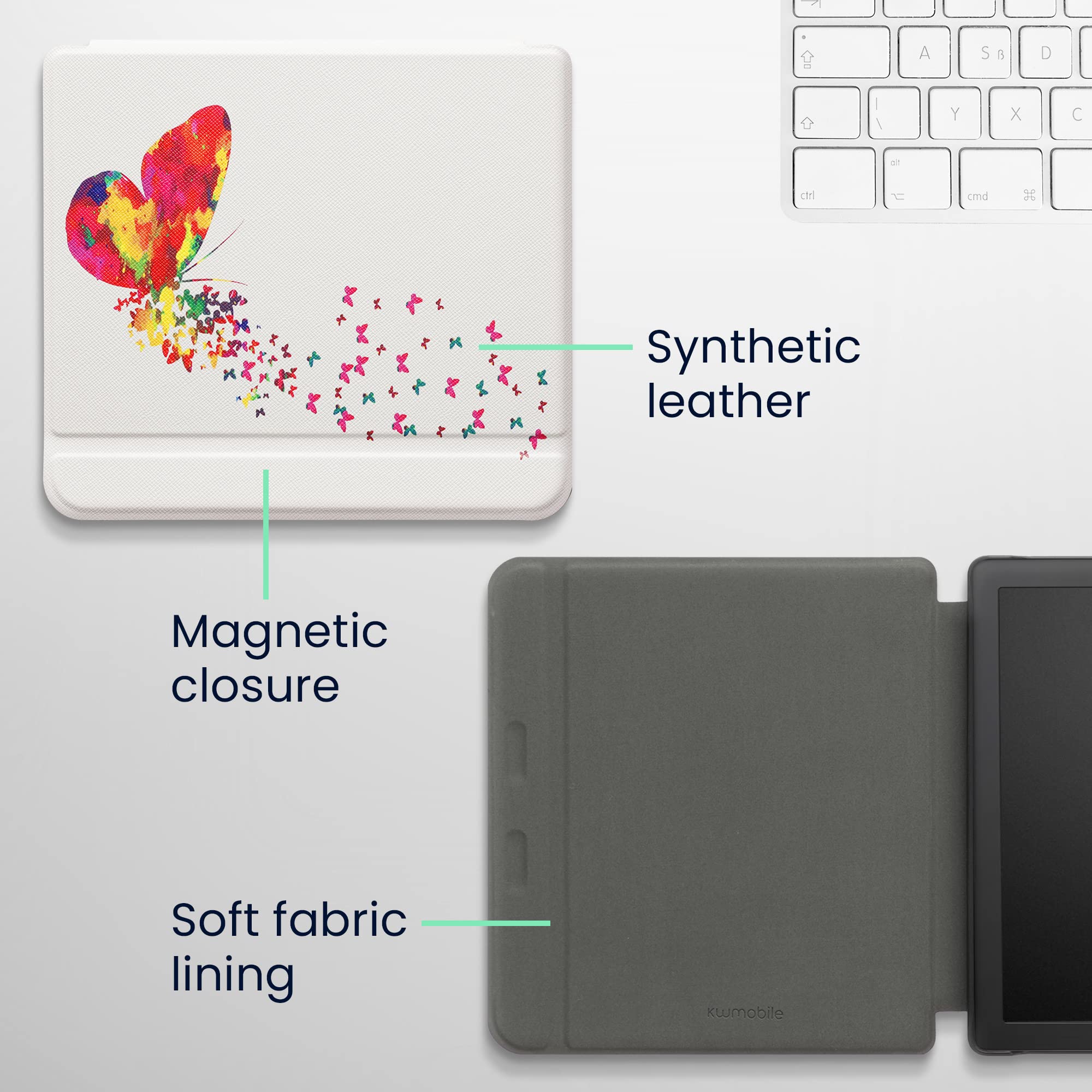 Kwmobile Case Compatible With Kobo Libra 2 Case - Ereader Cover - Butterfly Swarm Multicolor/Dark Pink/White