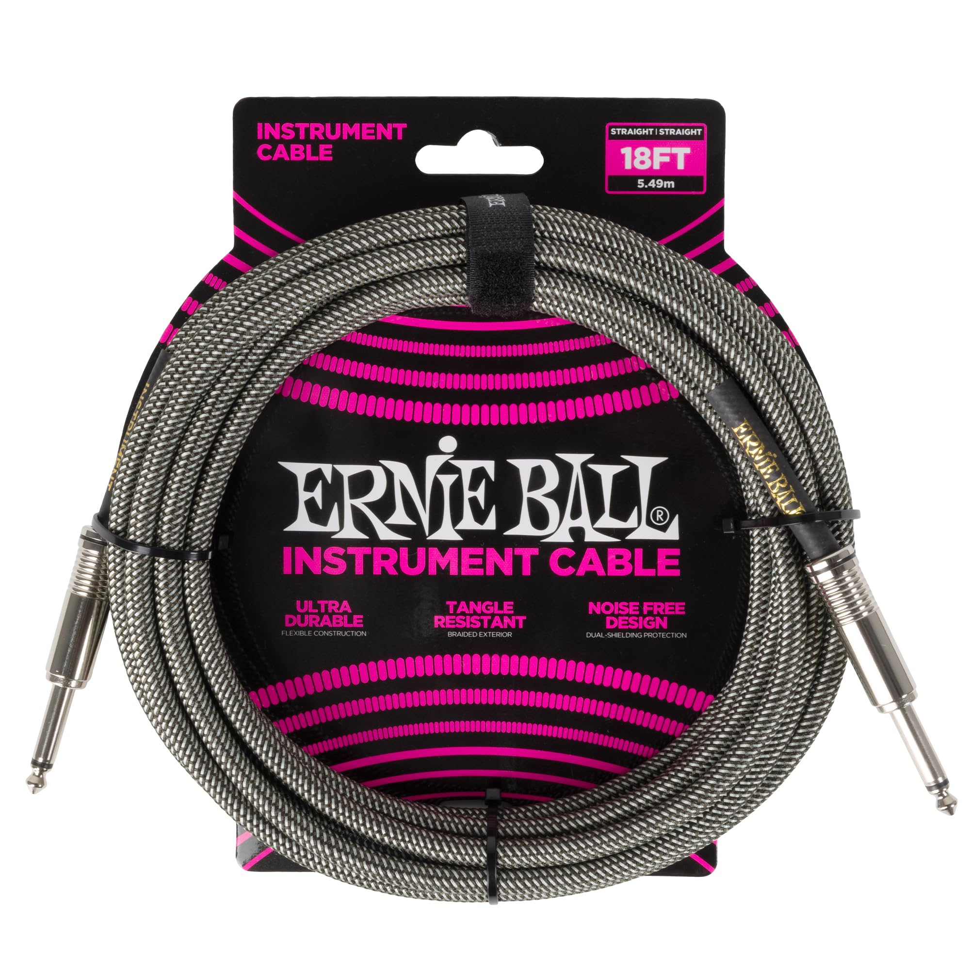 Ernie Ball Instrument Cable, 1/4'' Straight, Silver Fox, 18Ft (P06433)