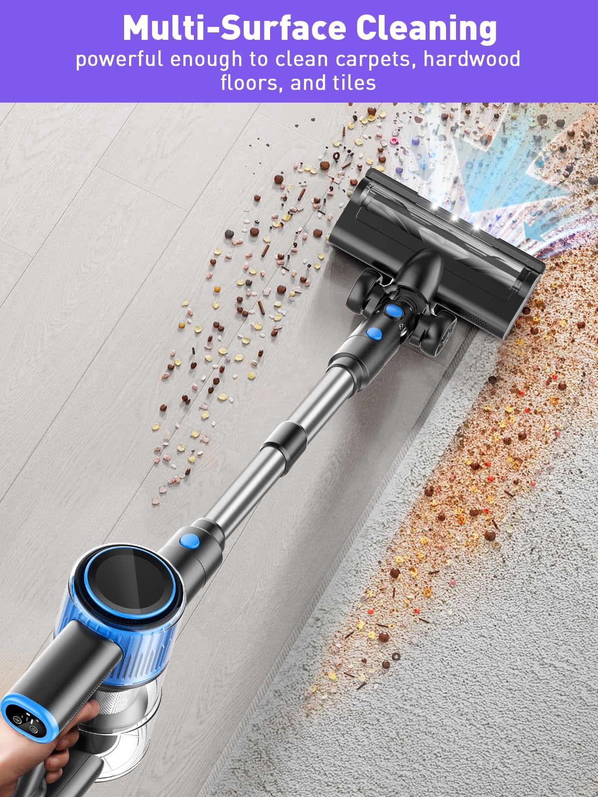 Cordless Vacuum Cleaner, 30Kpa 8 In 1 Stick Vacuum With Led Display & 3 Cleaning Modes, 40 Minute Runtime & Detachable Battery,