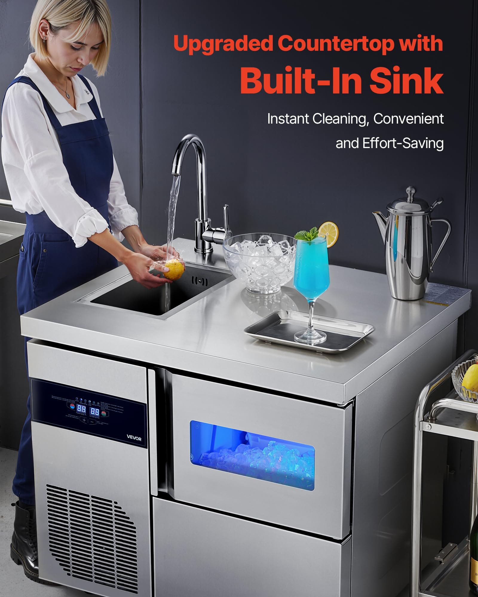 Vevor Commercial Ice Maker Machine, 132 Lbs/24H Stainless Steel Worktop Ice Machine With Sink, 30 Lbs Storage & 70 Cubes/Cycle,