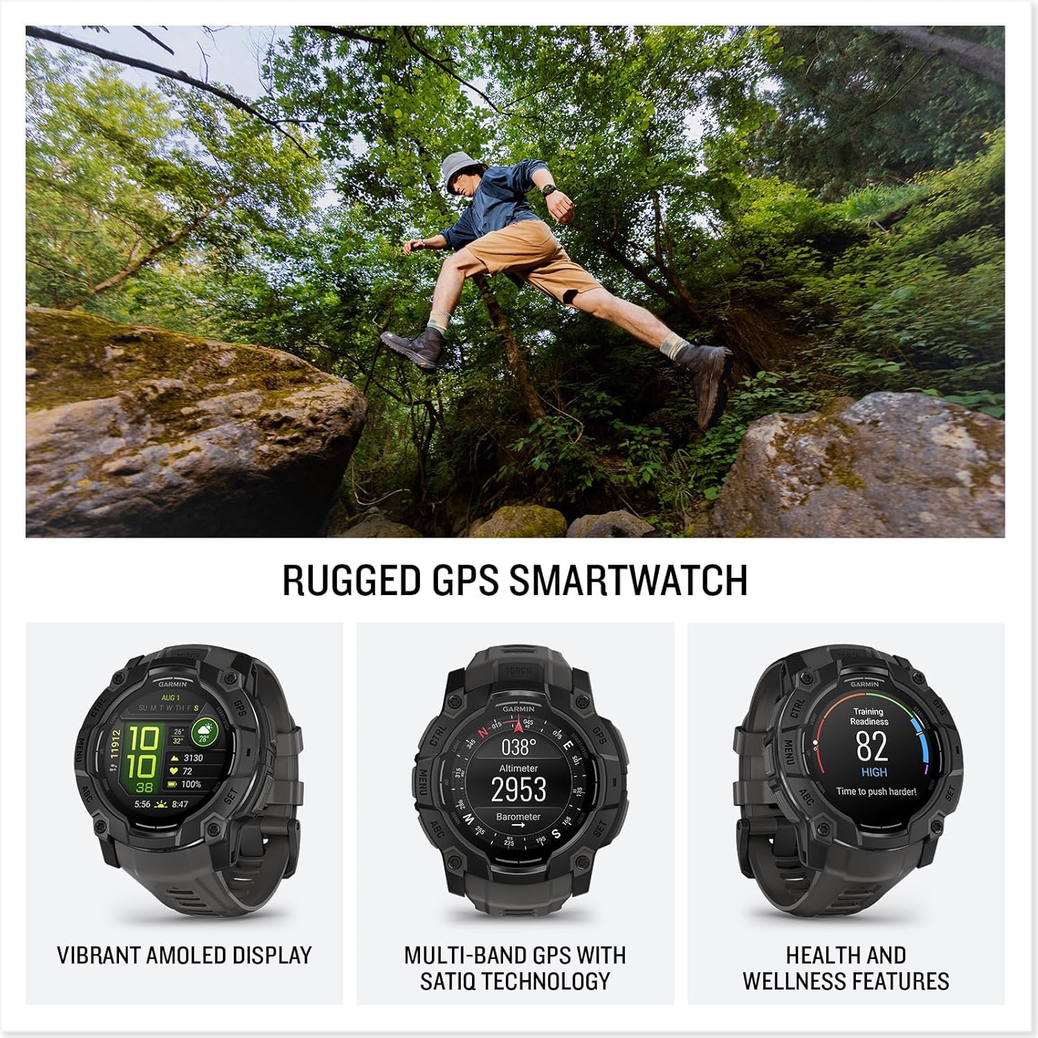 Garmin Instinct 3 50Mm (Black/Charcoal) Amoled Rugged Outdoor Gps Smartwatch Bundle   Metal Bezel, Built In Flashlight, Long Bat