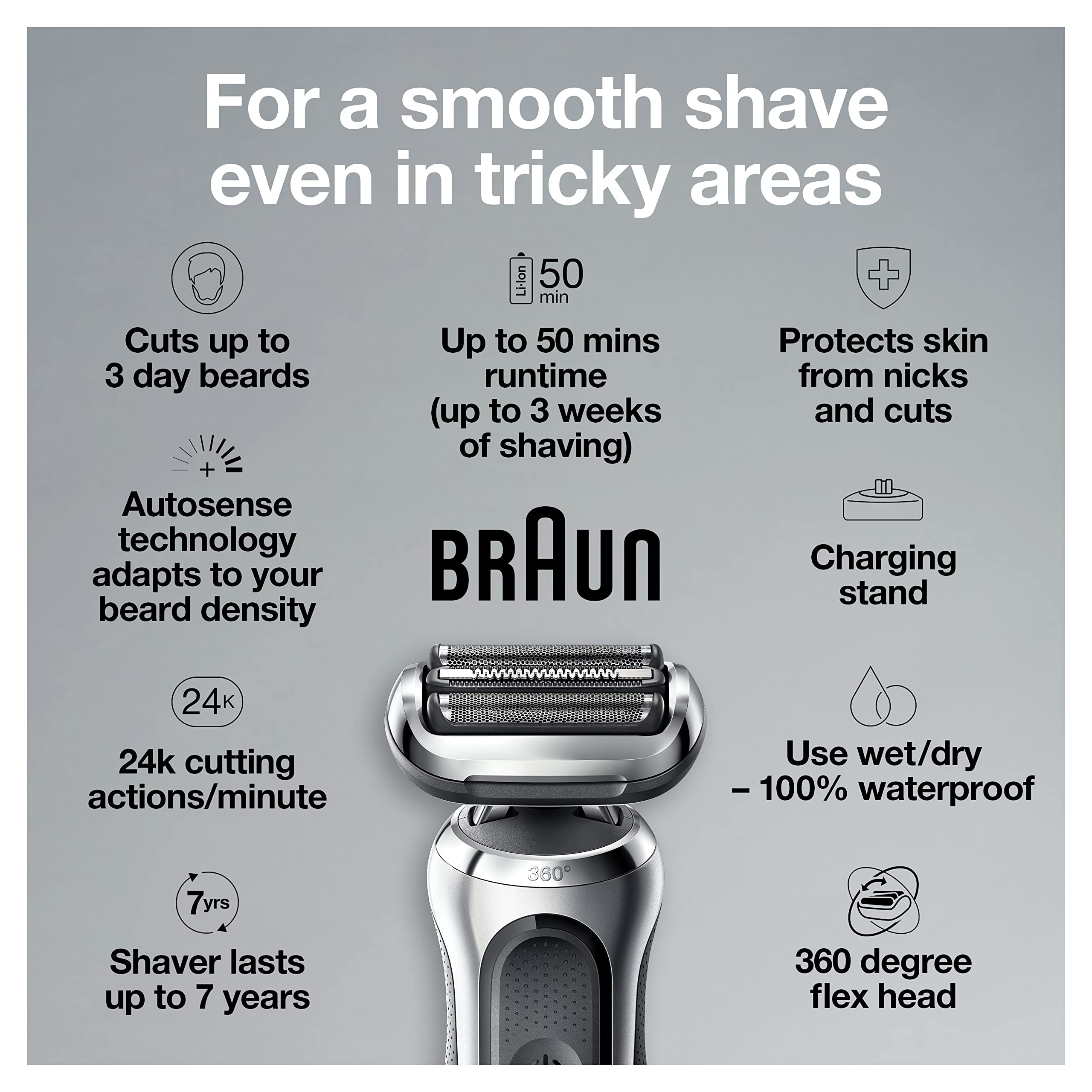Braun Electric Razor For Men, Waterproof Foil Shaver, Series 7 7027Cs, Wet & Dry Shave, With Beard Trimmer, Rechargeable, Chargi