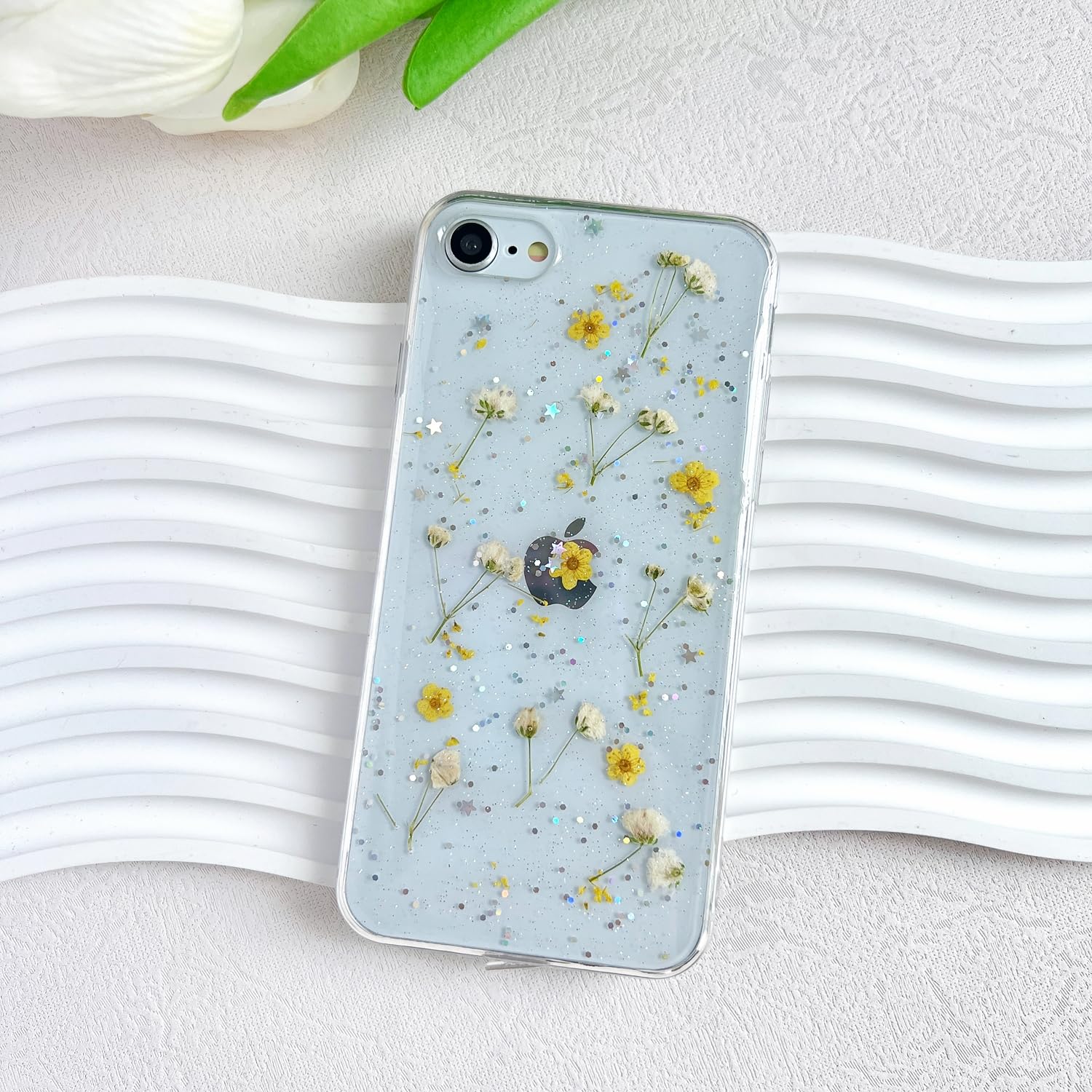 Lseeka For Iphone Se 2022/ Se 2020/8/7 Clear Case With Pressed Real Flowers Design,Glitter Cute Yellow Floral Pattern Slim Soft