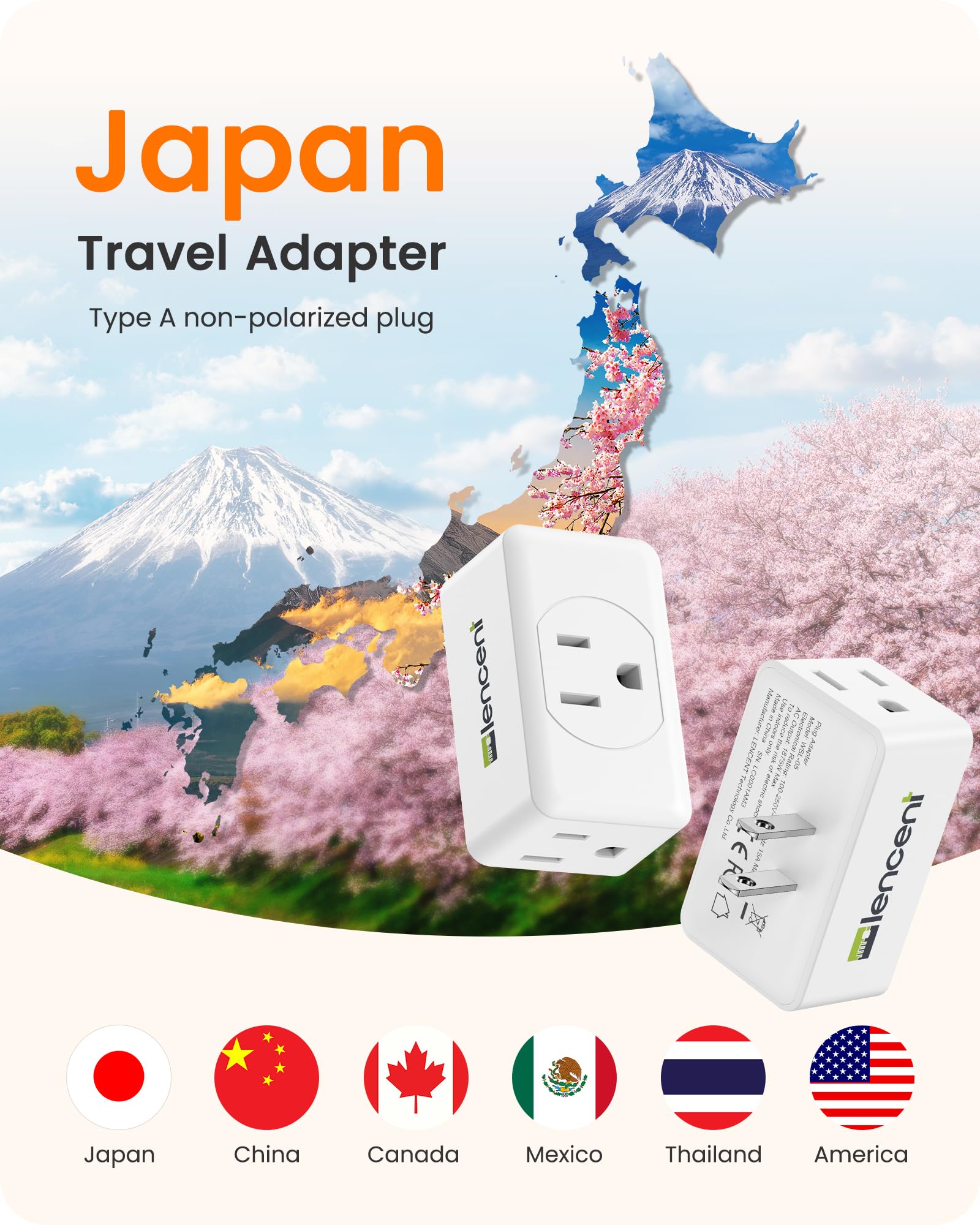 Lencent 3 Prong To 2 Prong Adapter, Plug Extender, Wall Plug Splitter With 3 Ac Outlets, Travel Power Adaptor For Us To Japan Ja